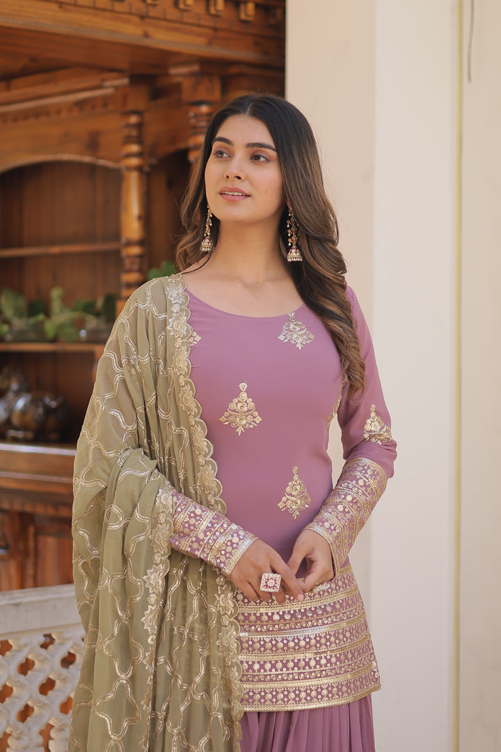 Embroidered Kurti Sharara Set with Net Dupatta | Party & Festive Wear for Women