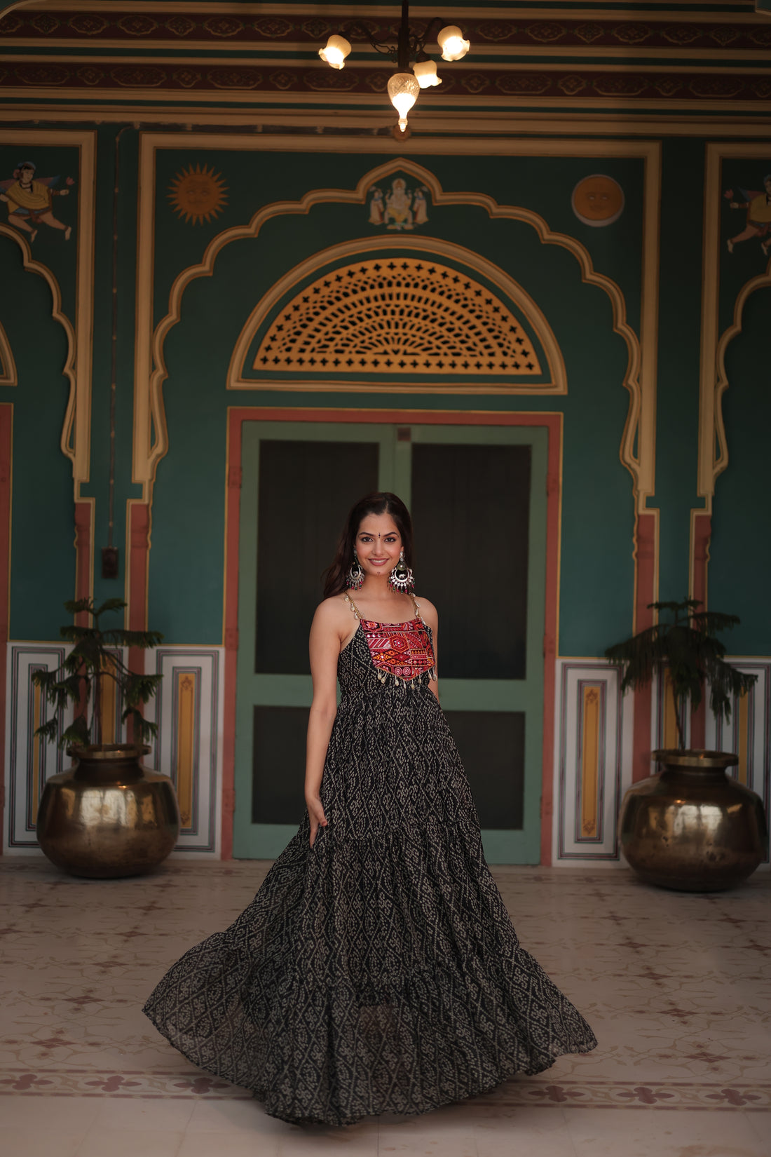 Black Bandhani Print Navratri Gown with Kutchi Patchwork | Mayara Women Clothing