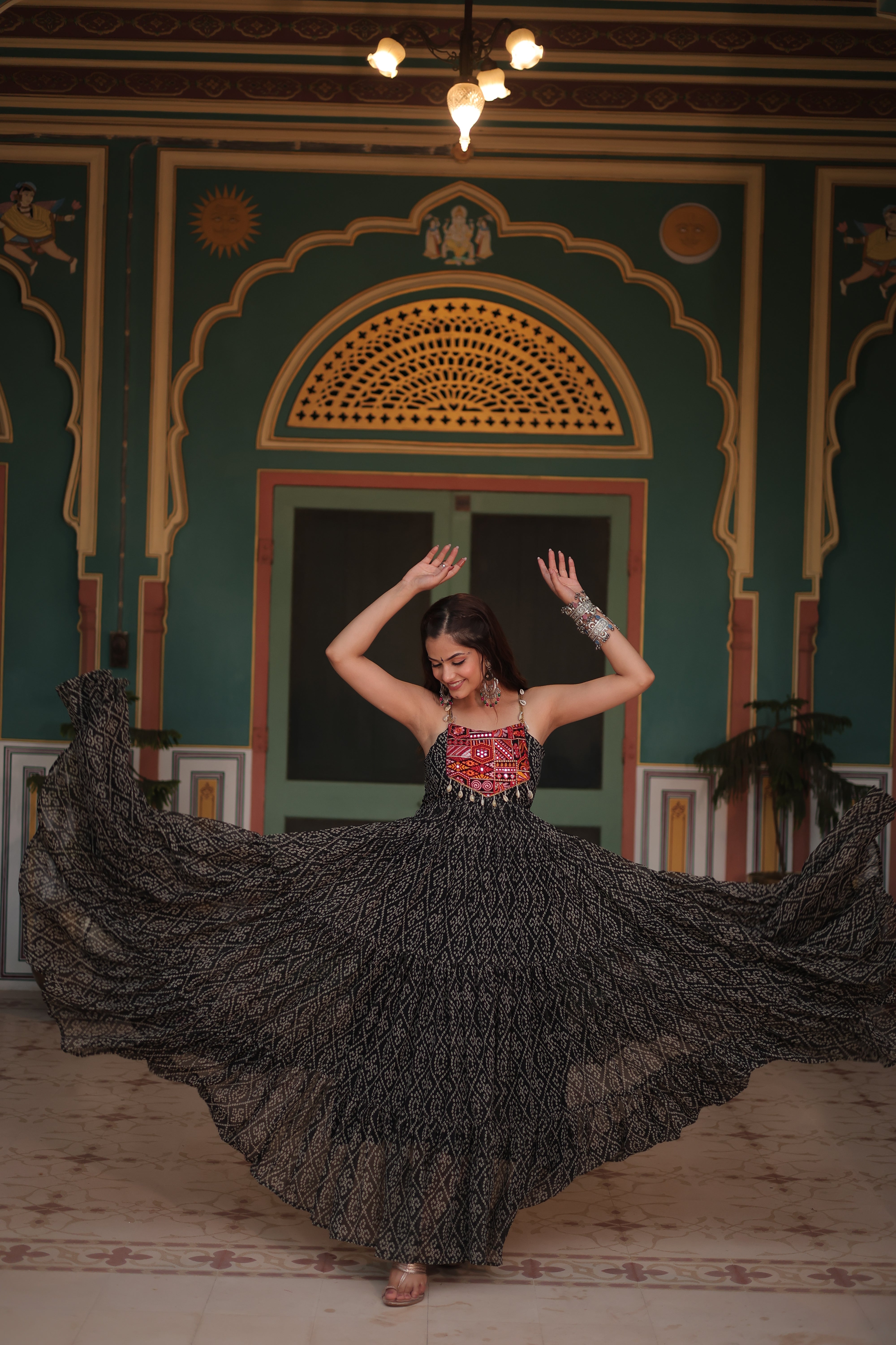 Black Bandhani Print Navratri Gown with Kutchi Patchwork | Mayara Women Clothing