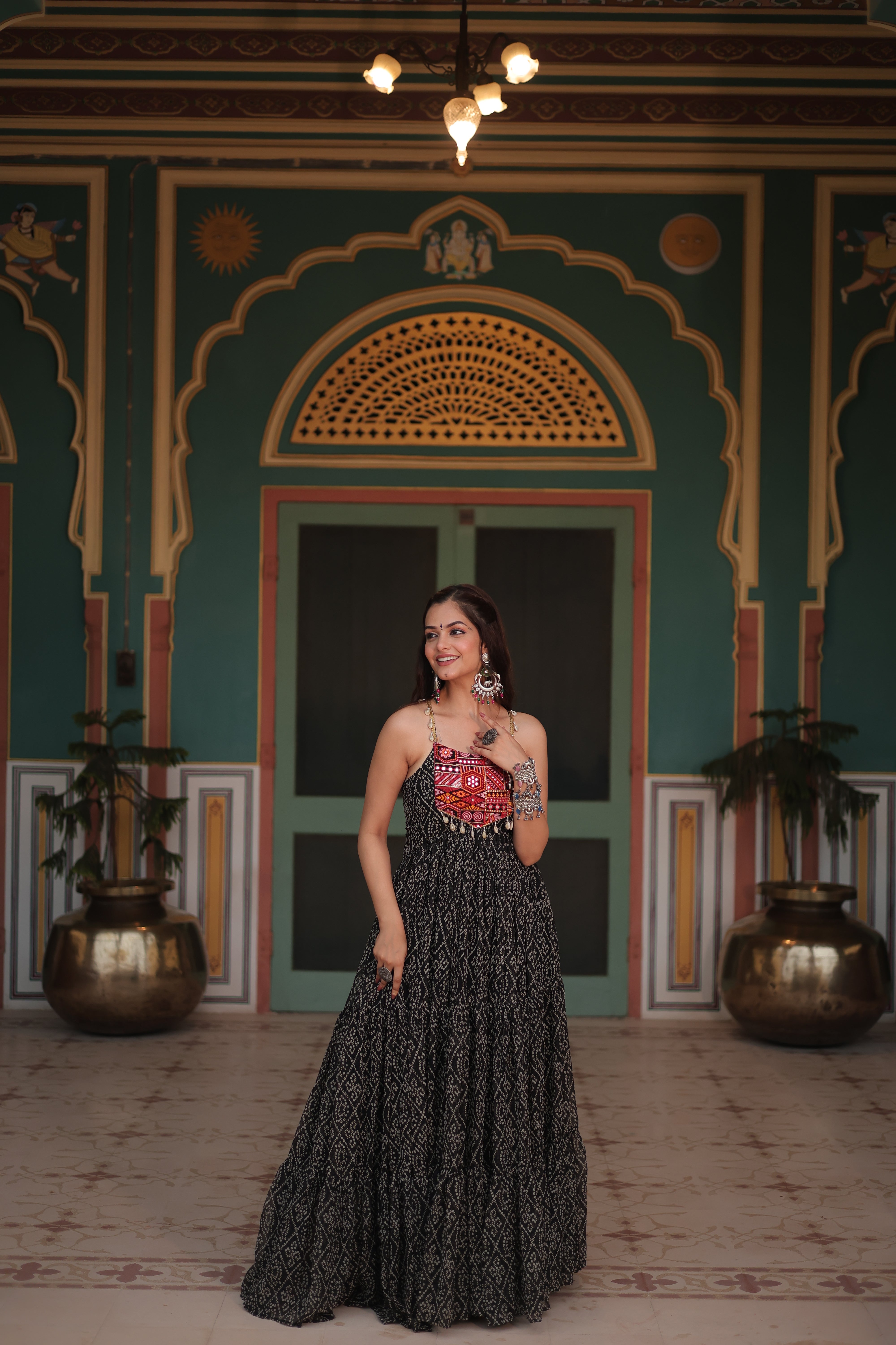 Black Bandhani Print Navratri Gown with Kutchi Patchwork | Mayara Women Clothing