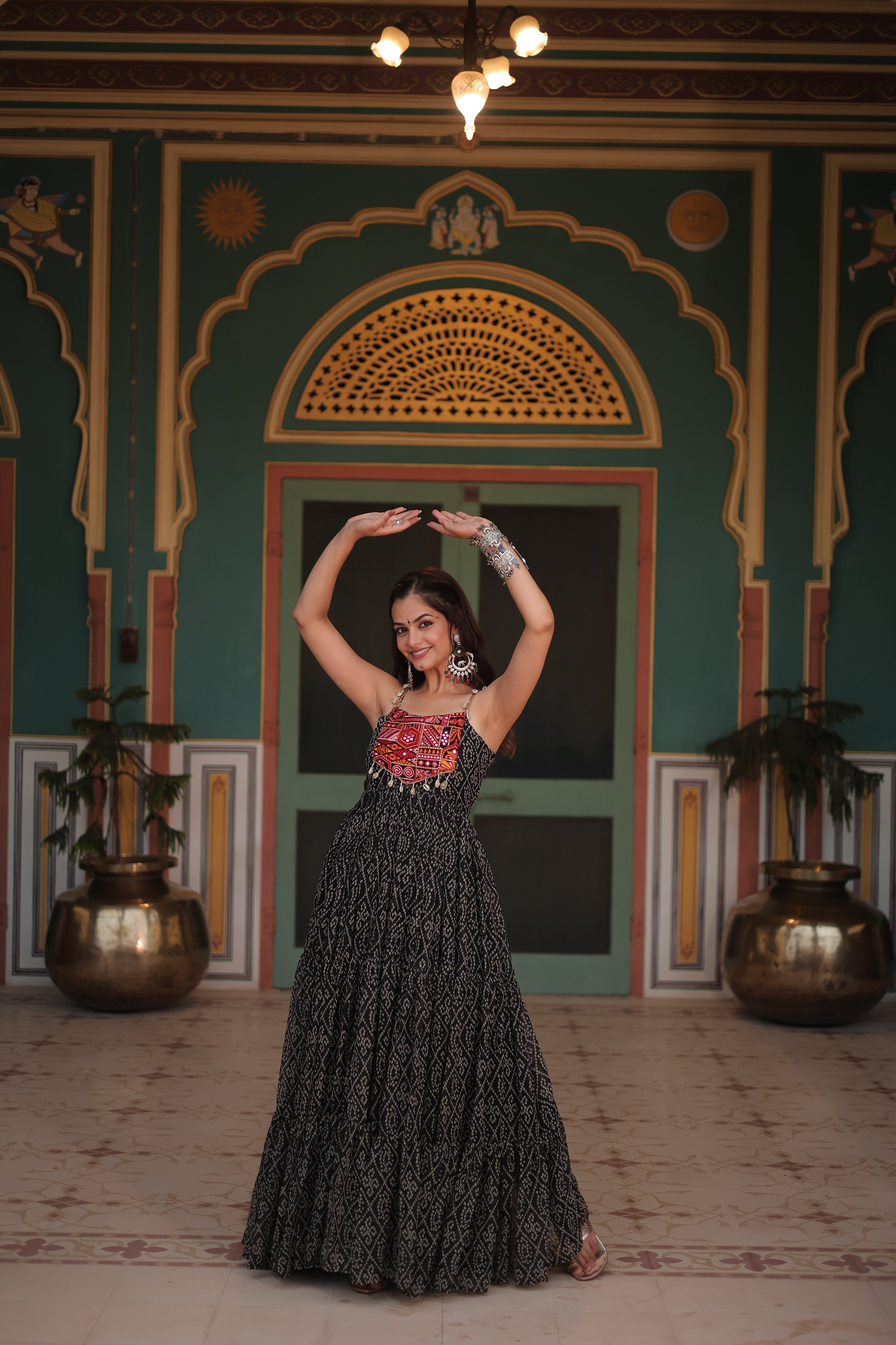 Black Bandhani Print Navratri Gown with Kutchi Patchwork | Mayara Women Clothing