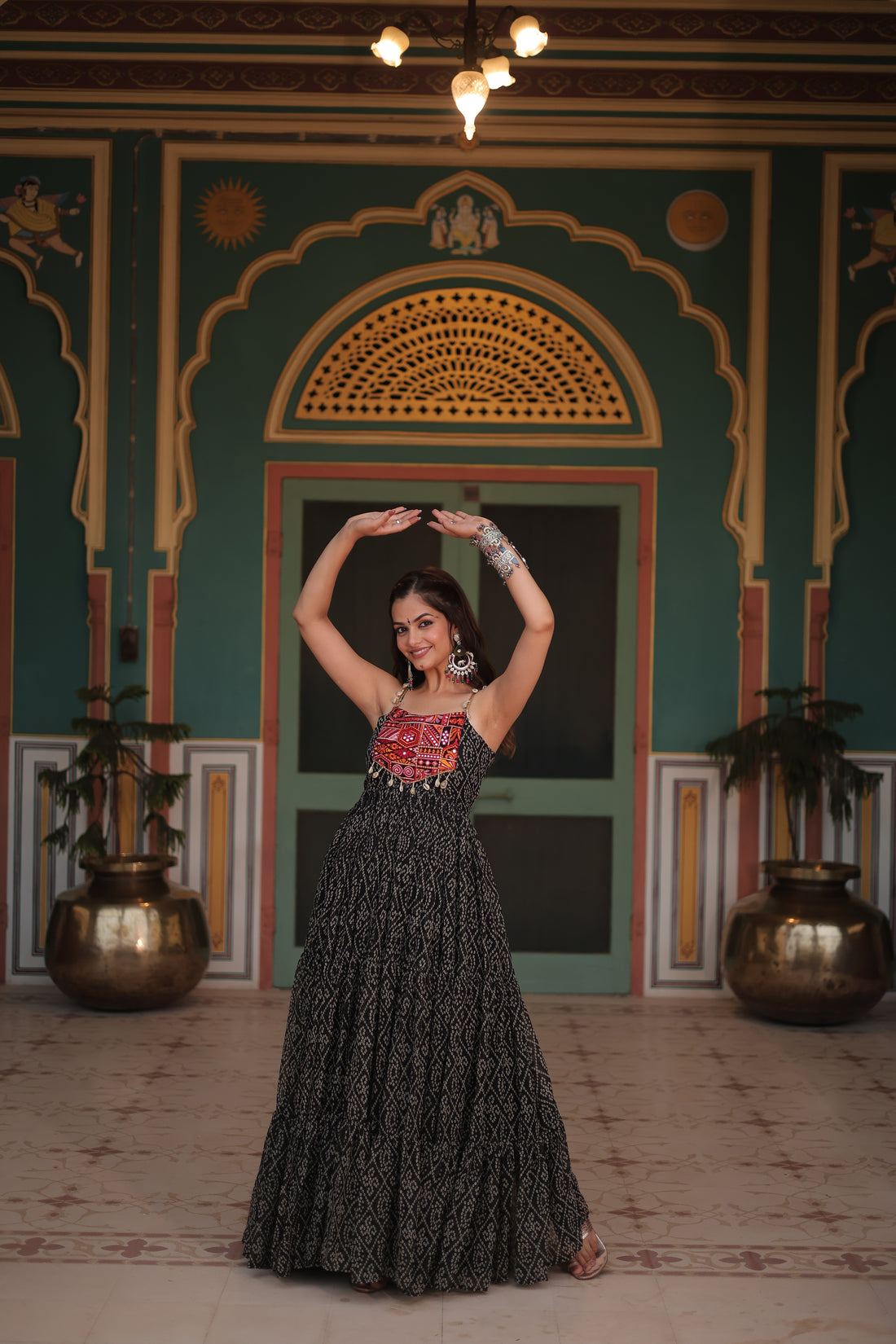 Black Bandhani Print Navratri Gown with Kutchi Patchwork | Mayara Women Clothing