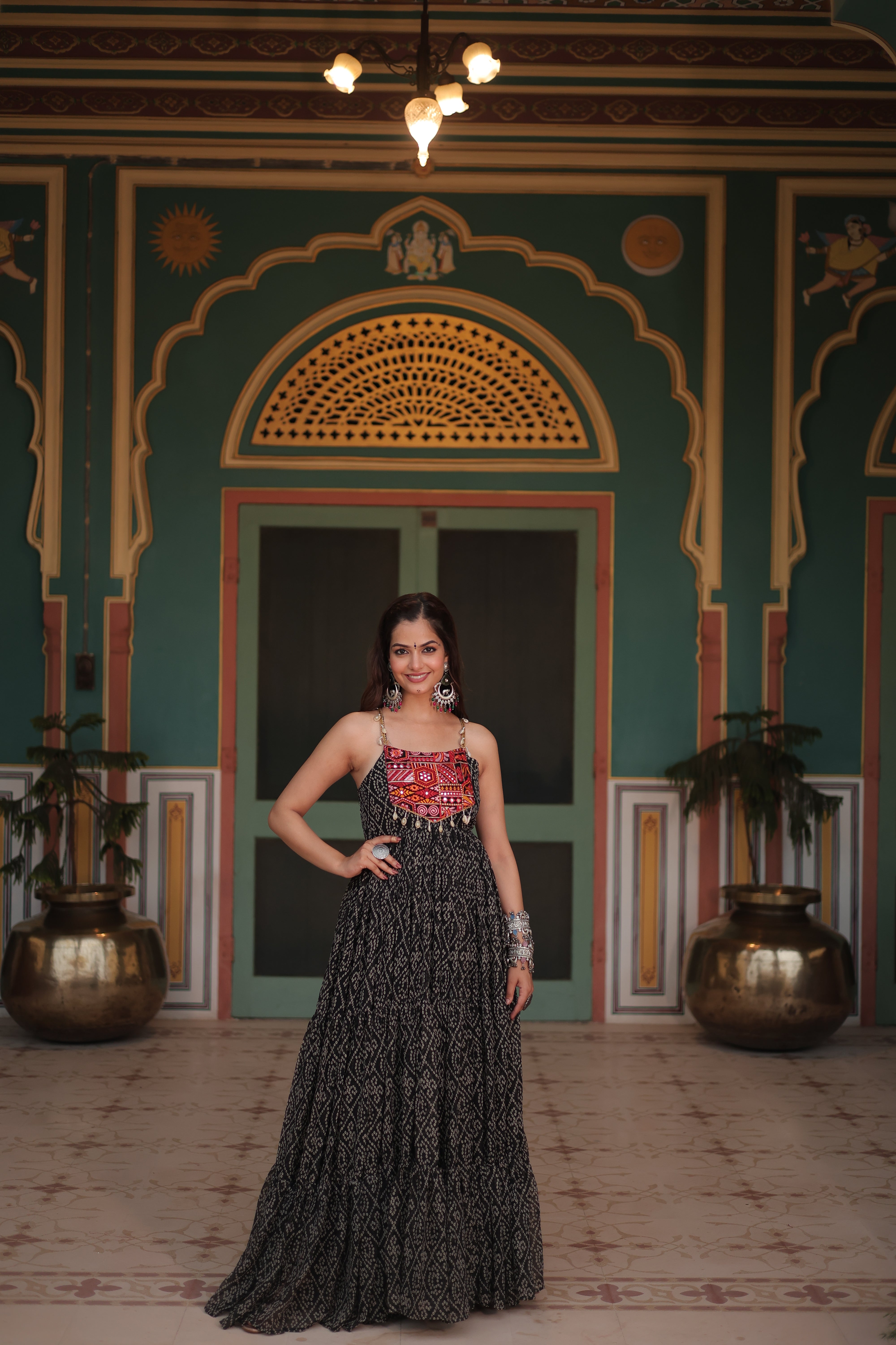 Black Bandhani Print Navratri Gown with Kutchi Patchwork | Mayara Women Clothing