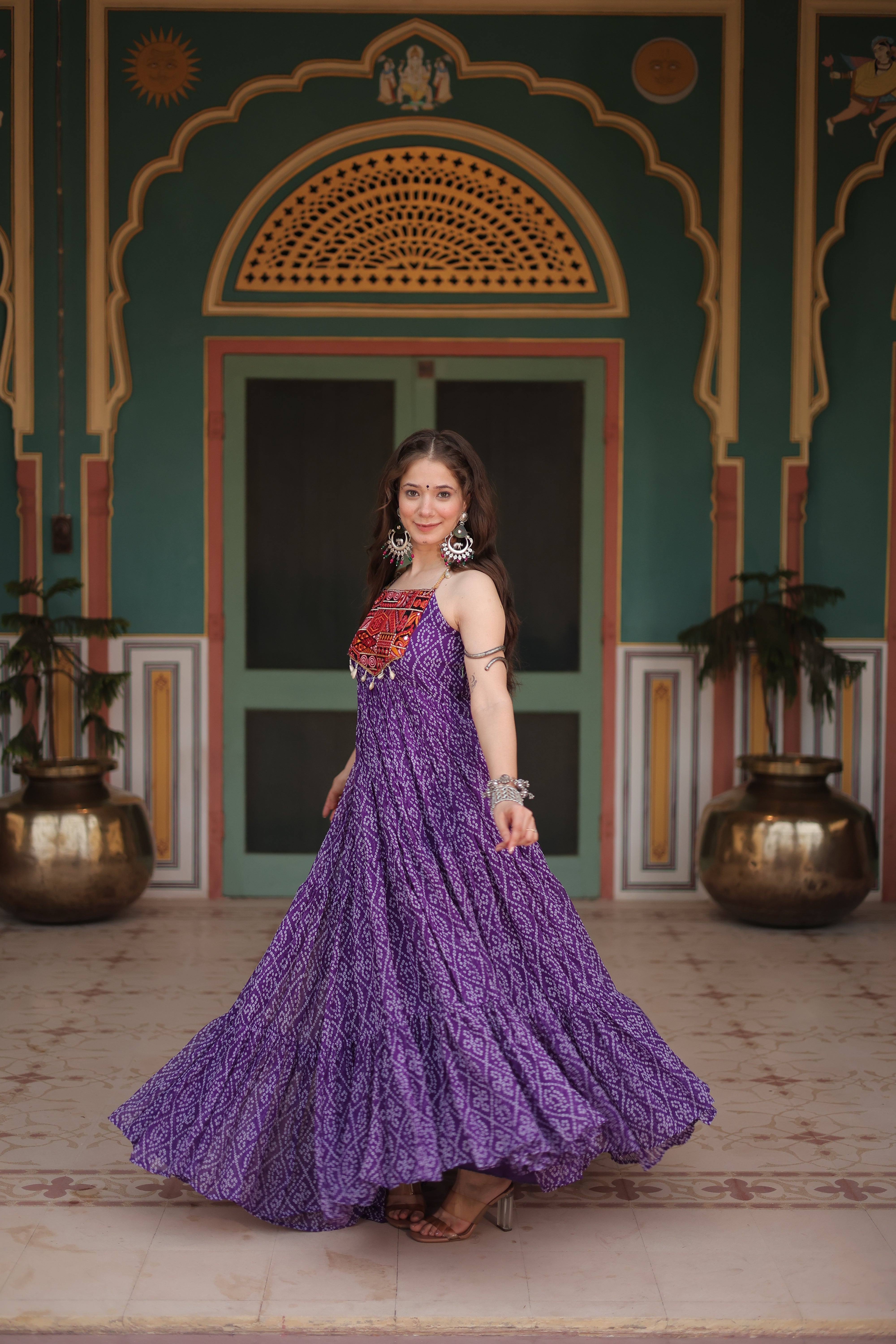 Black Bandhani Print Navratri Gown with Kutchi Patchwork | Mayara Women Clothing