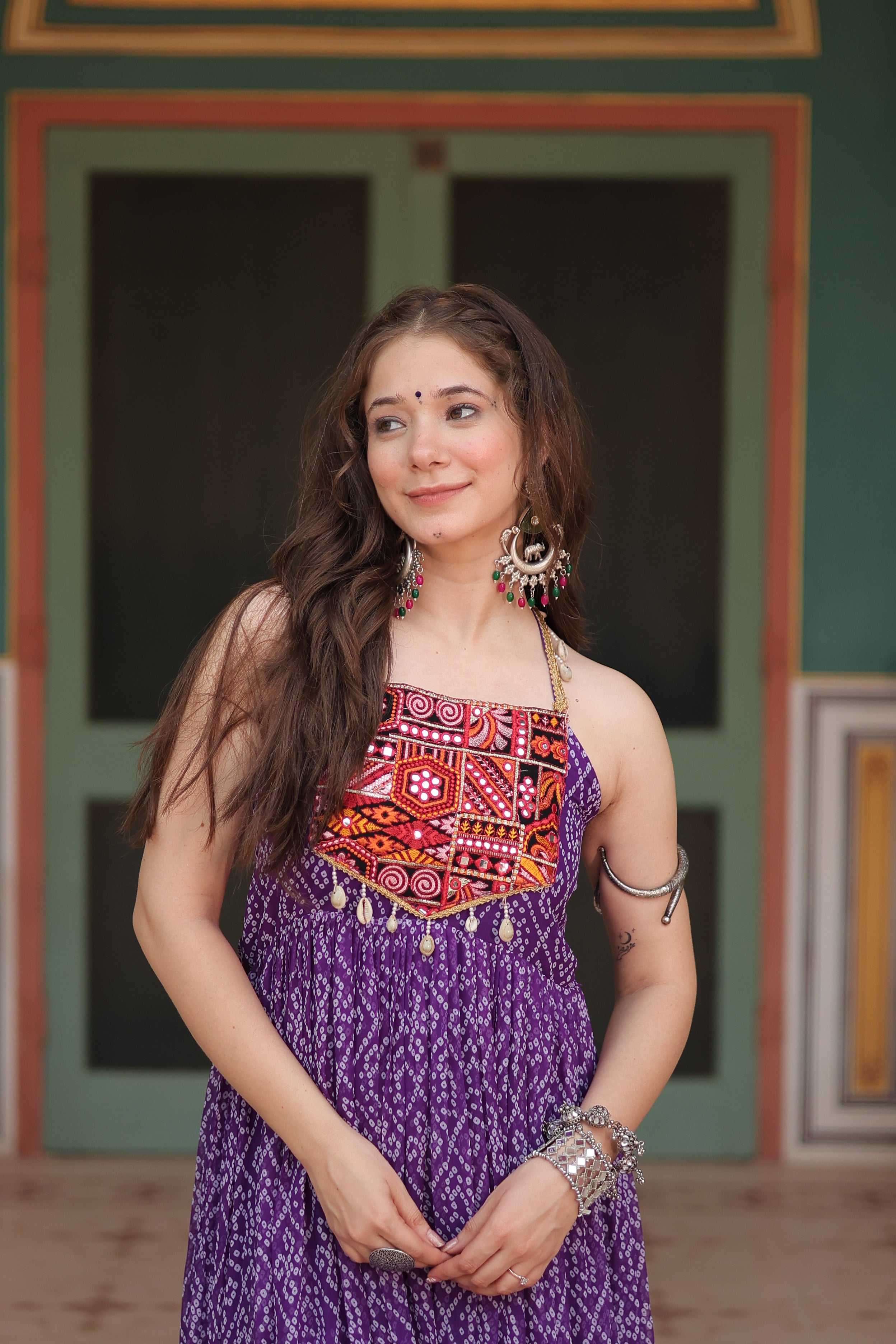 Black Bandhani Print Navratri Gown with Kutchi Patchwork | Mayara Women Clothing