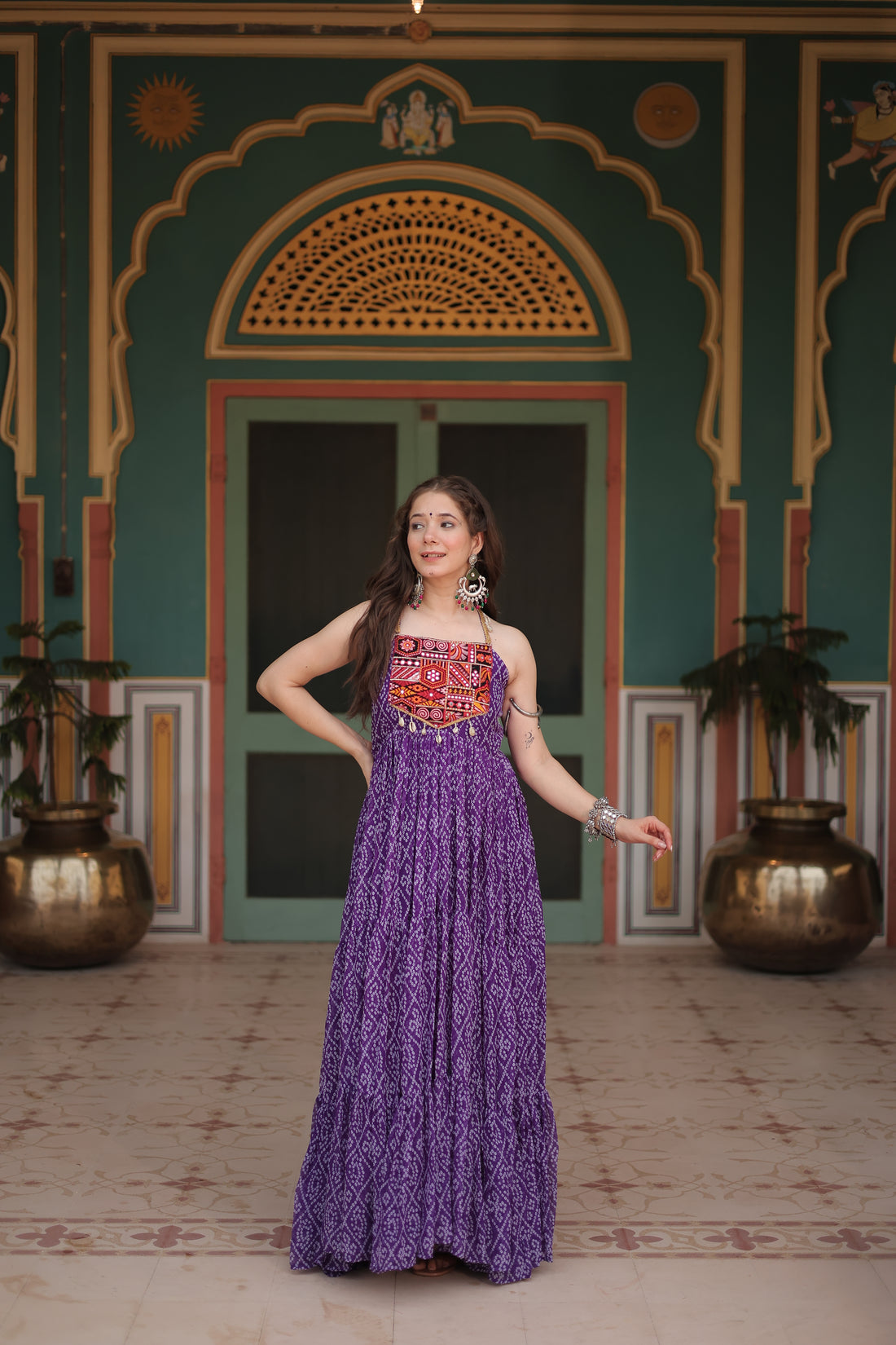 Black Bandhani Print Navratri Gown with Kutchi Patchwork | Mayara Women Clothing