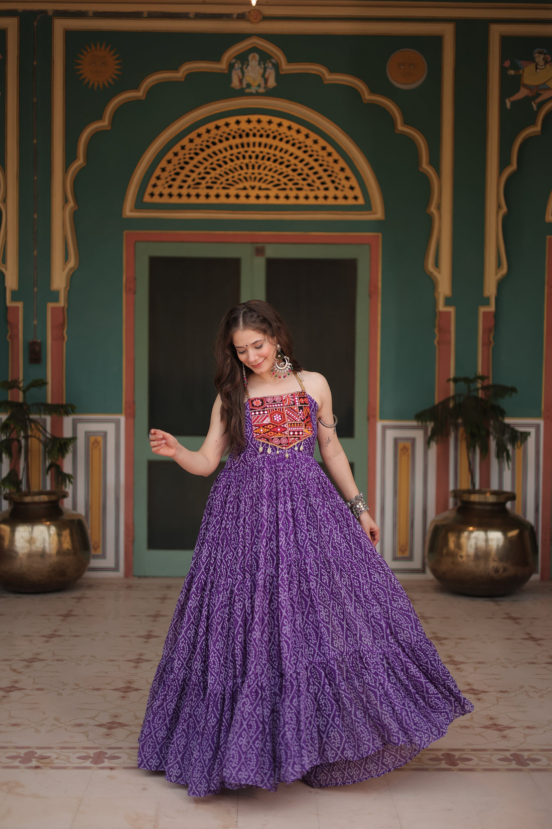 Black Bandhani Print Navratri Gown with Kutchi Patchwork | Mayara Women Clothing