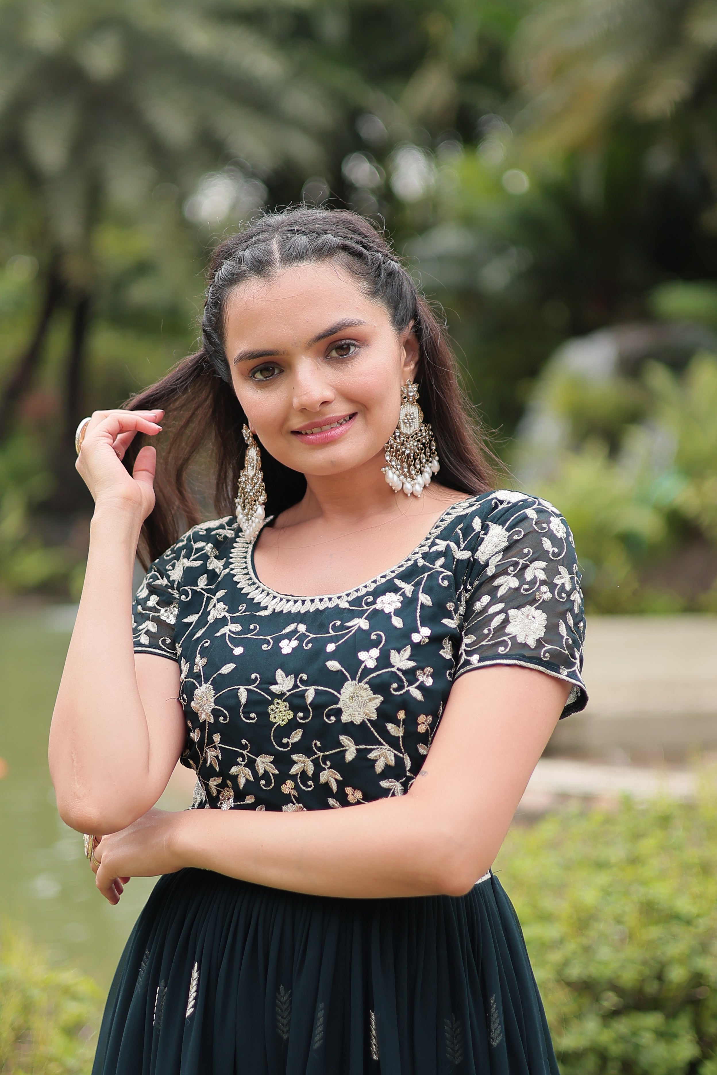 Rama Green Embroidered Anarkali Gown for Women | Floor-Length Georgette Dress for Weddings & Festivals