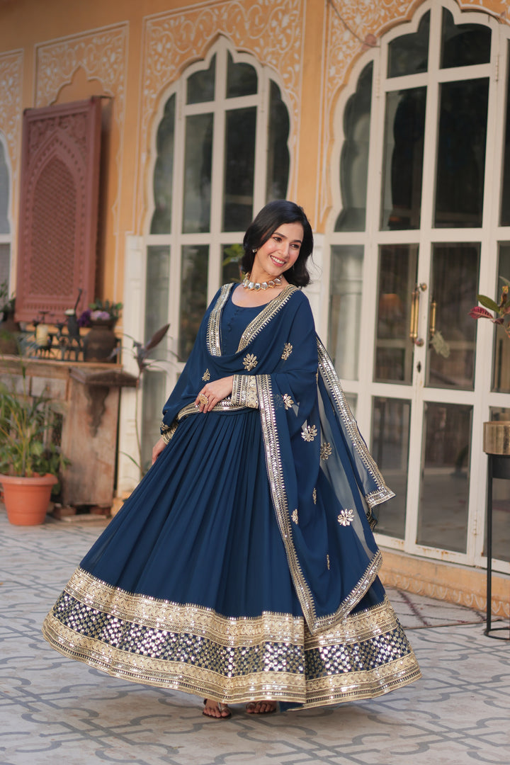 Navy Blue Mirror Work Anarkali Gown with Dupatta