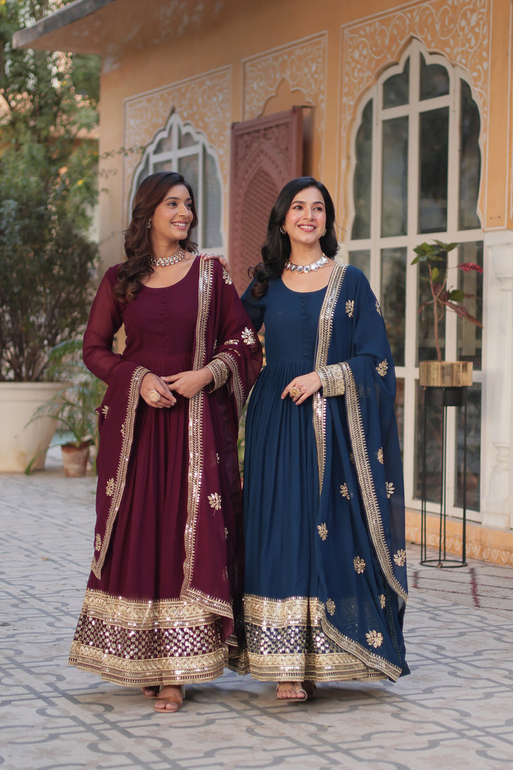 Navy Blue Mirror Work Anarkali Gown with Dupatta