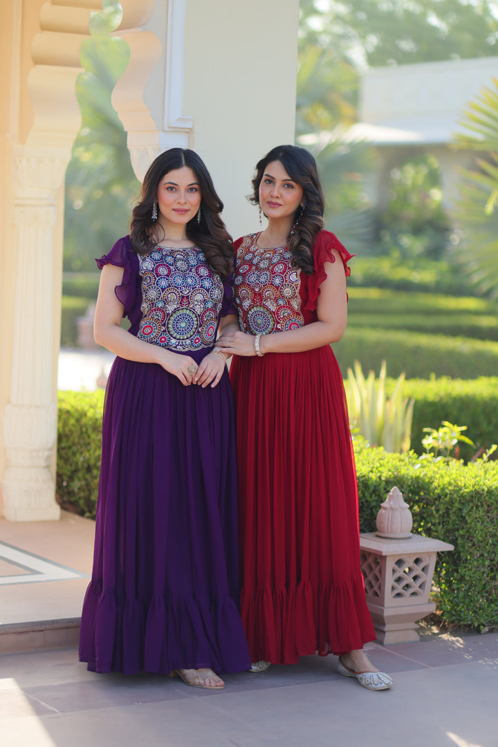 Maroon Faux Blooming Embroidered Navratri Gown with Bell Sleeves – Mayara Women Clothing