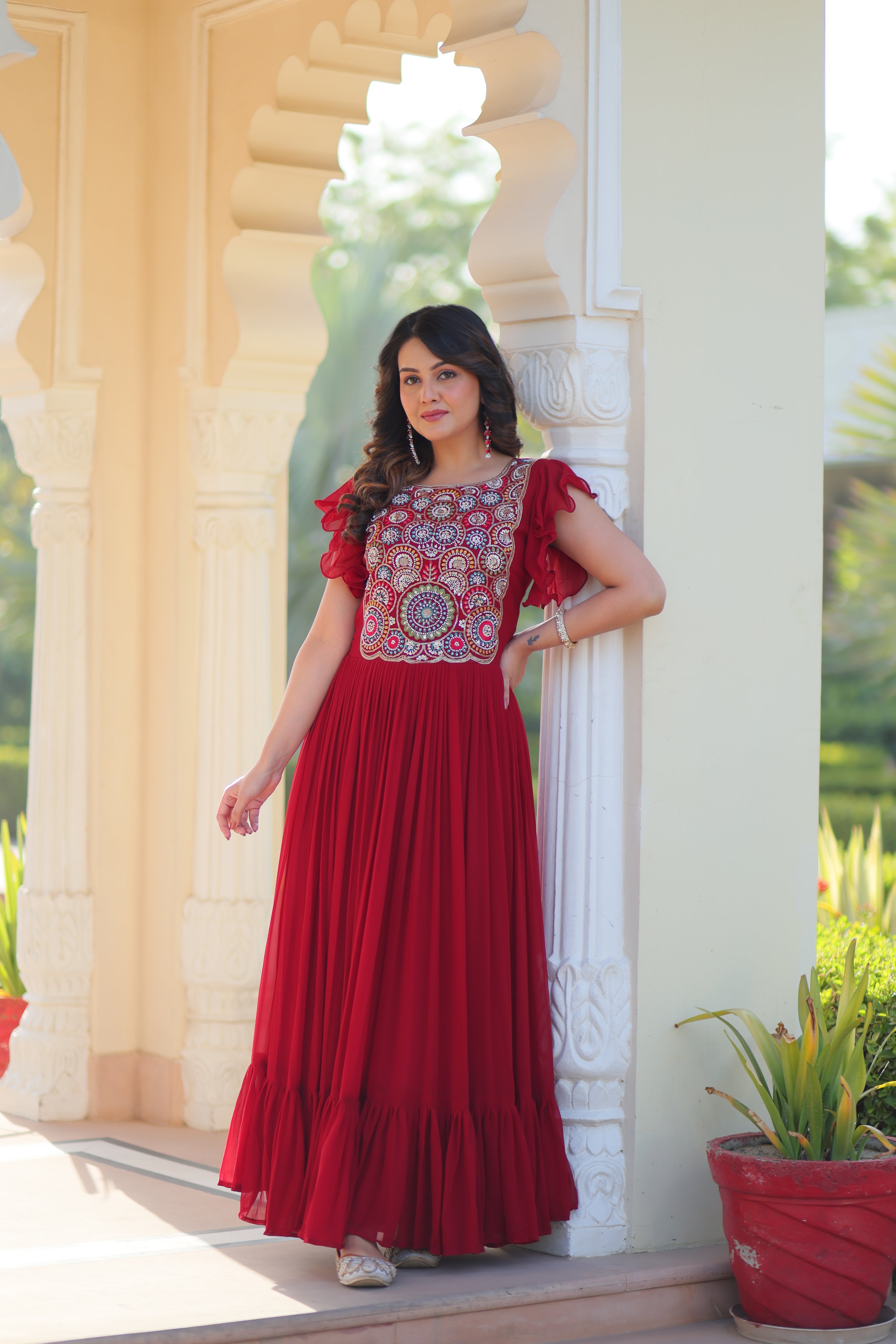 Maroon Faux Blooming Embroidered Navratri Gown with Bell Sleeves – Mayara Women Clothing
