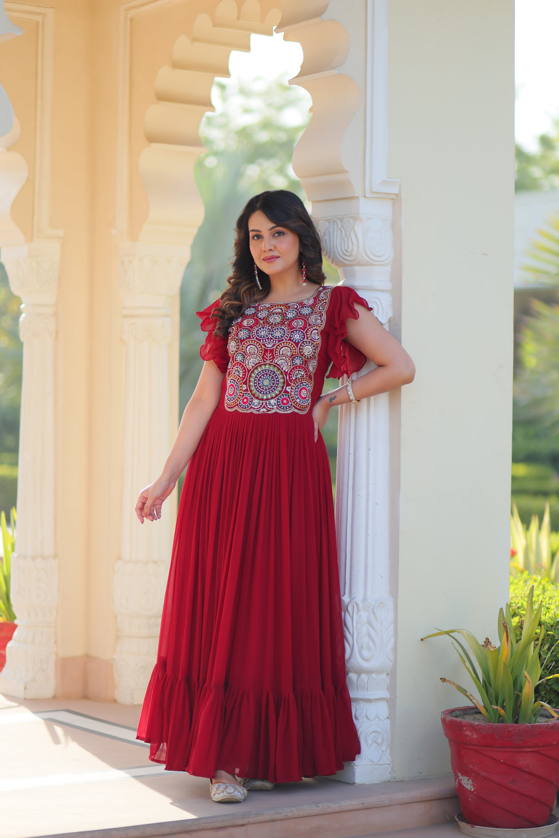 Maroon Faux Blooming Embroidered Navratri Gown with Bell Sleeves – Mayara Women Clothing