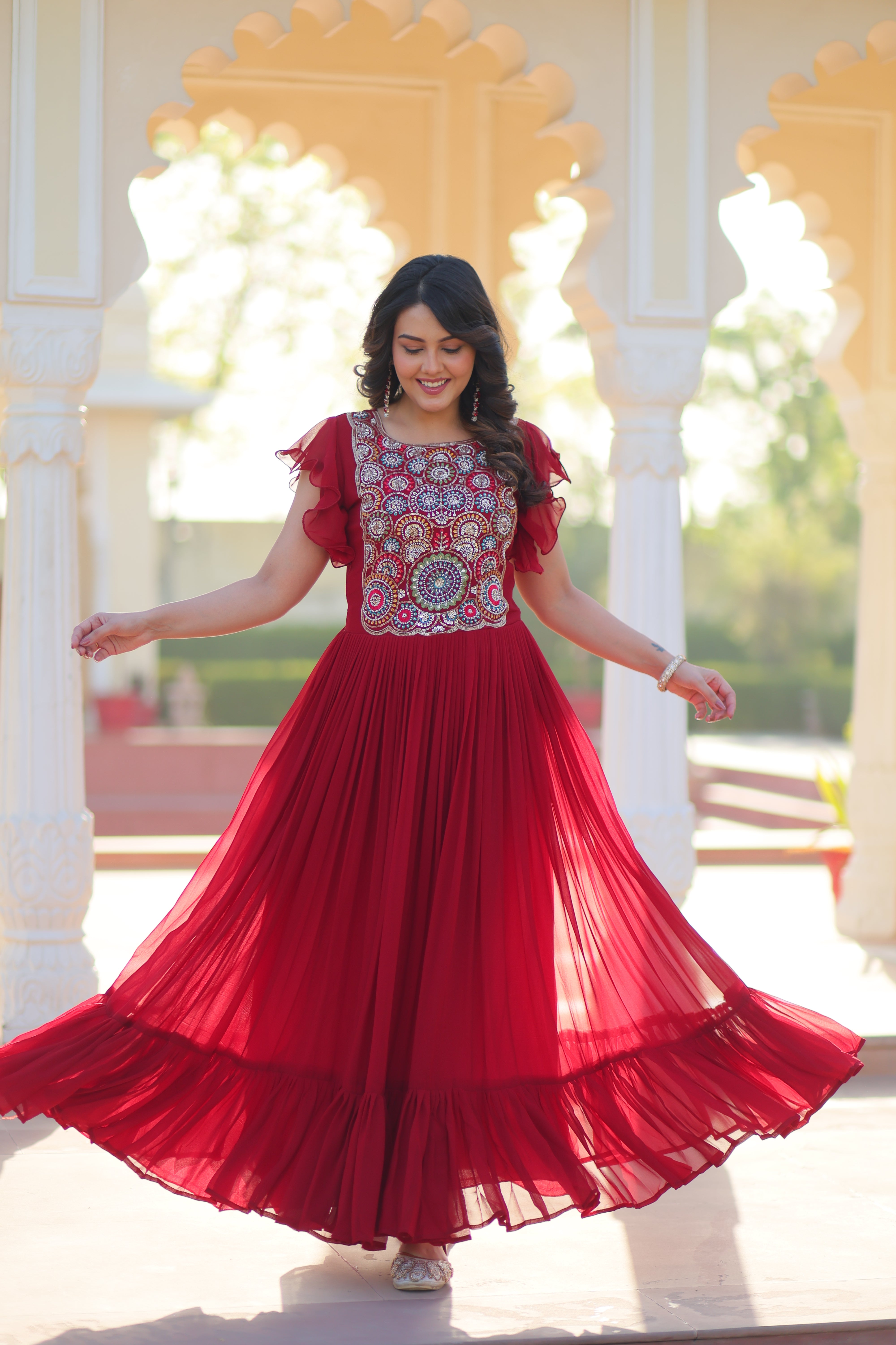 Maroon Faux Blooming Embroidered Navratri Gown with Bell Sleeves – Mayara Women Clothing