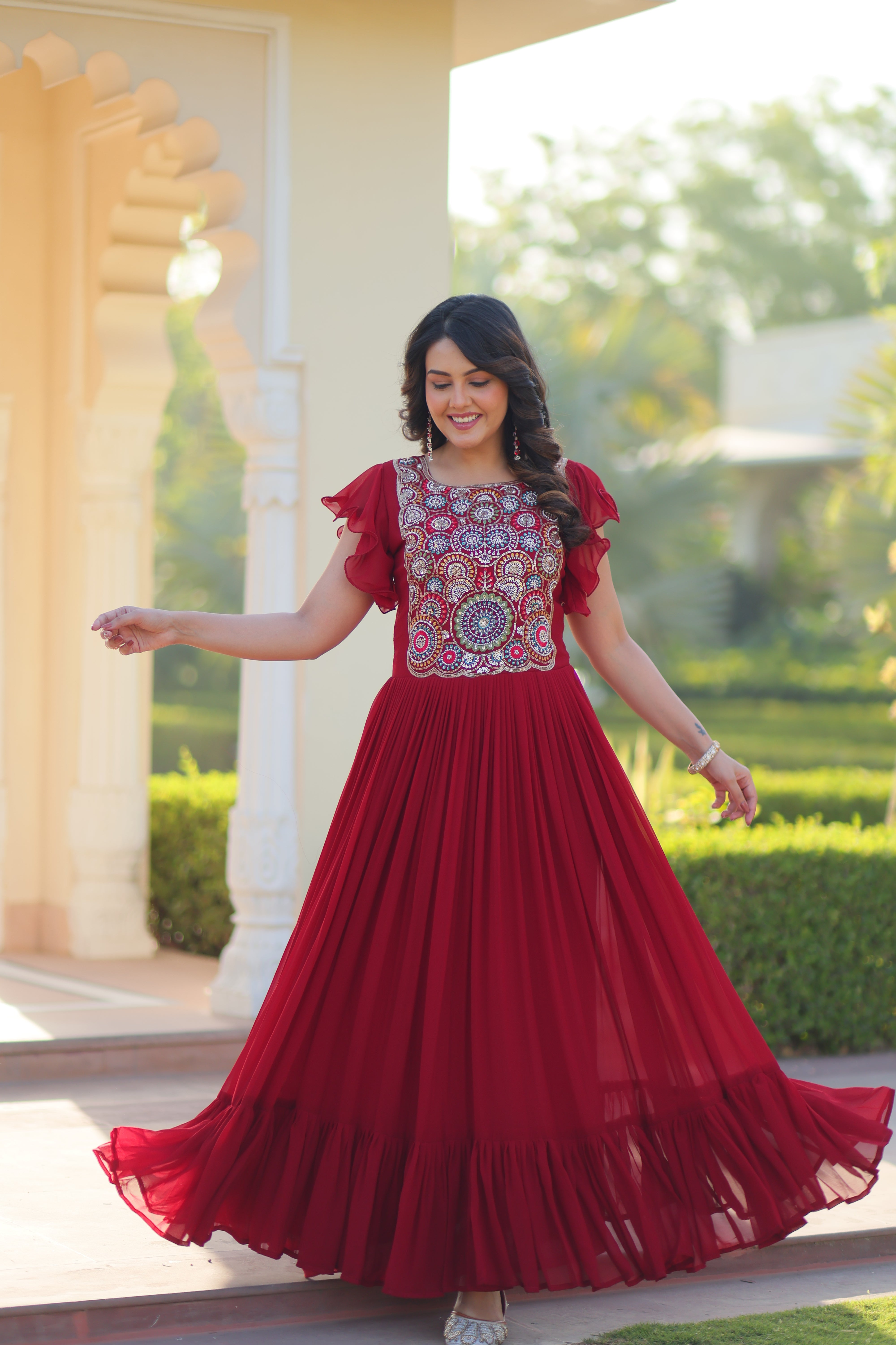Maroon Faux Blooming Embroidered Navratri Gown with Bell Sleeves – Mayara Women Clothing