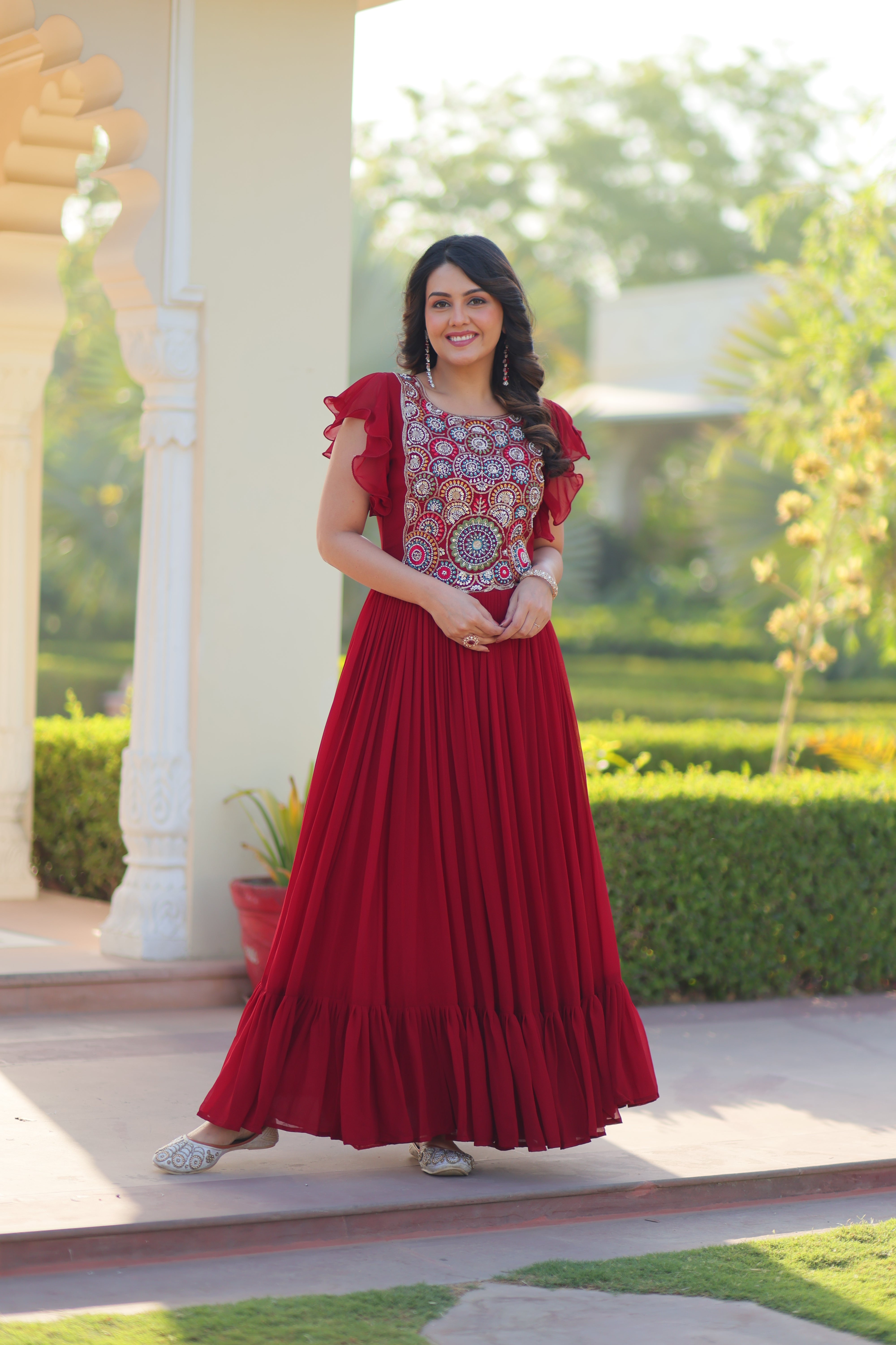 Maroon Faux Blooming Embroidered Navratri Gown with Bell Sleeves – Mayara Women Clothing