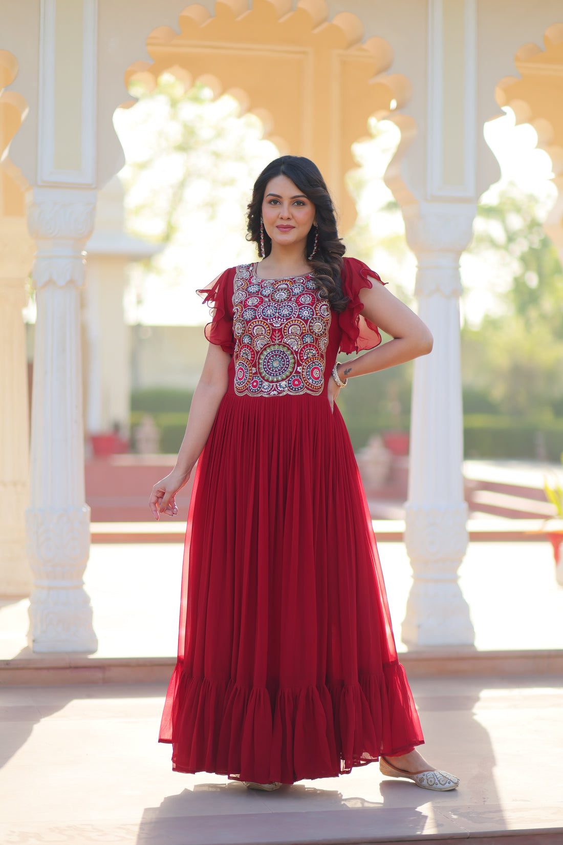 Maroon Faux Blooming Embroidered Navratri Gown with Bell Sleeves – Mayara Women Clothing
