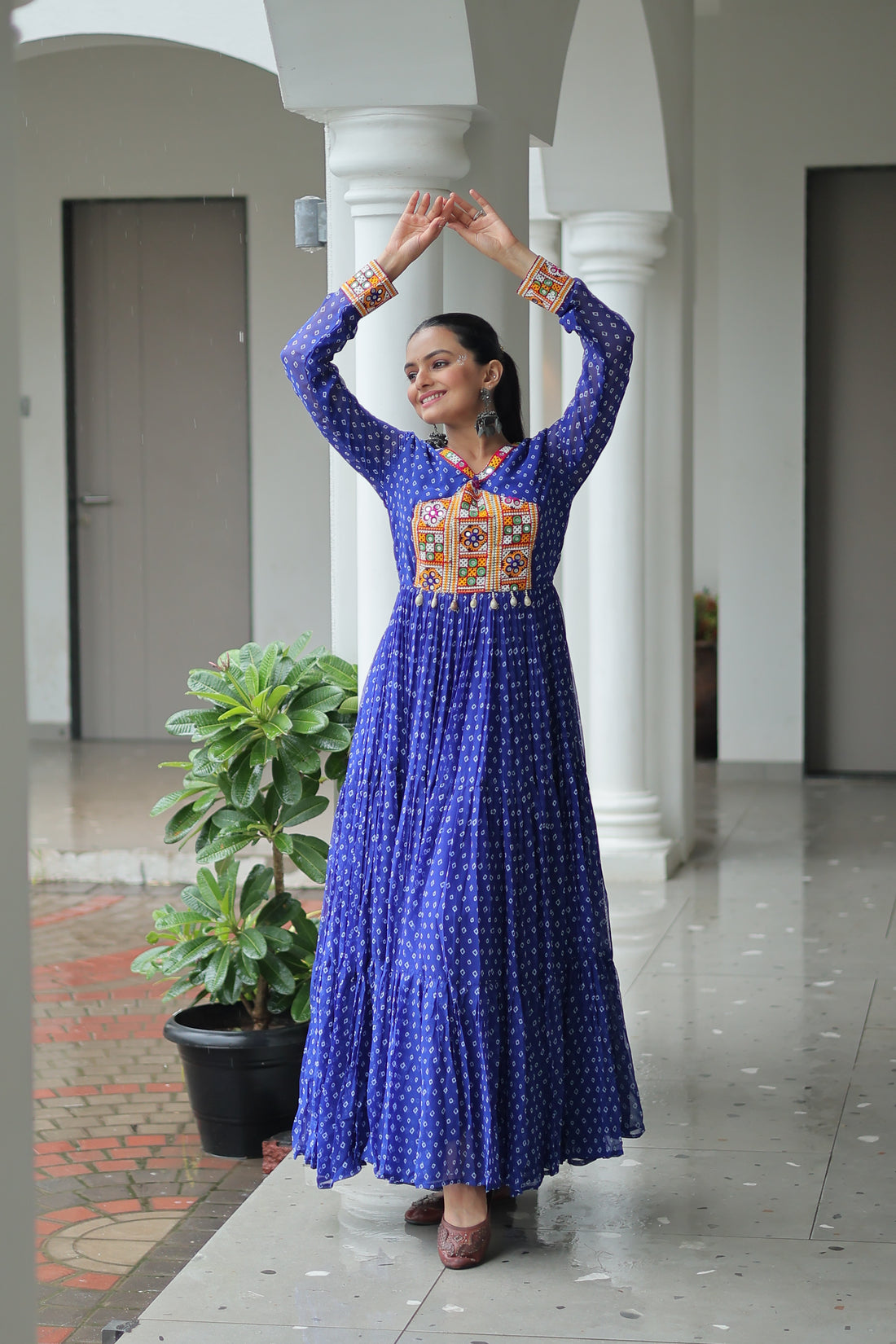 Blue Bandhani Print Navratri Gown with Kutchi Patchwork – Mayara Women Clothing