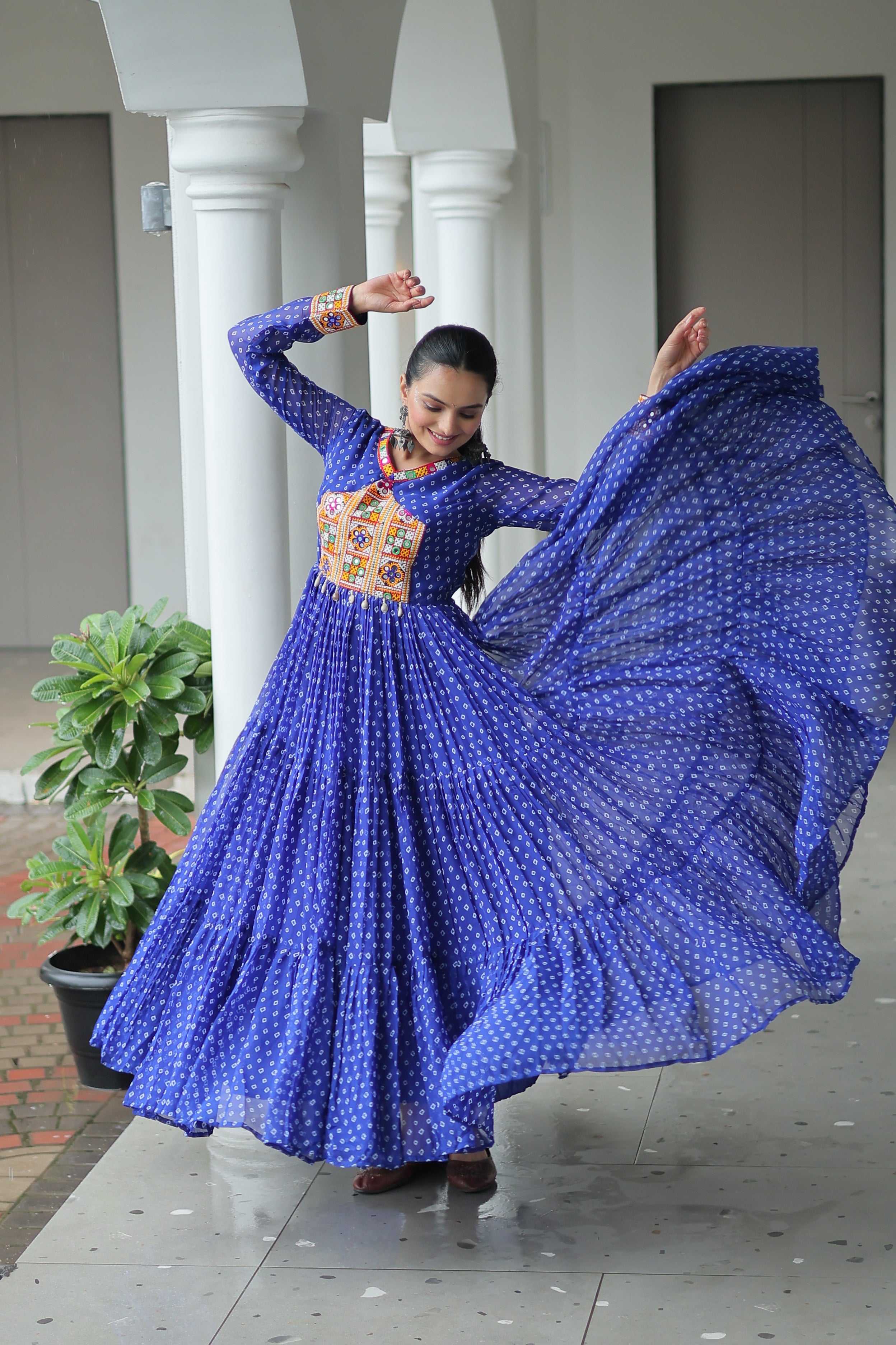 Blue Bandhani Print Navratri Gown with Kutchi Patchwork – Mayara Women Clothing