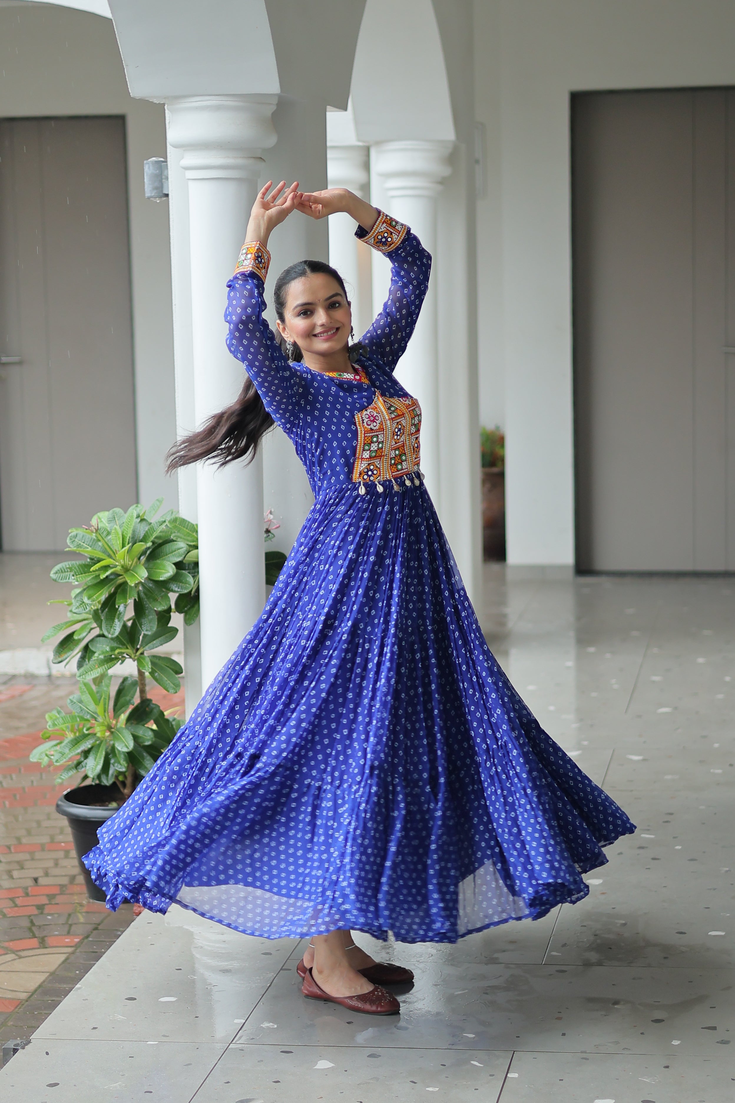 Blue Bandhani Print Navratri Gown with Kutchi Patchwork – Mayara Women Clothing