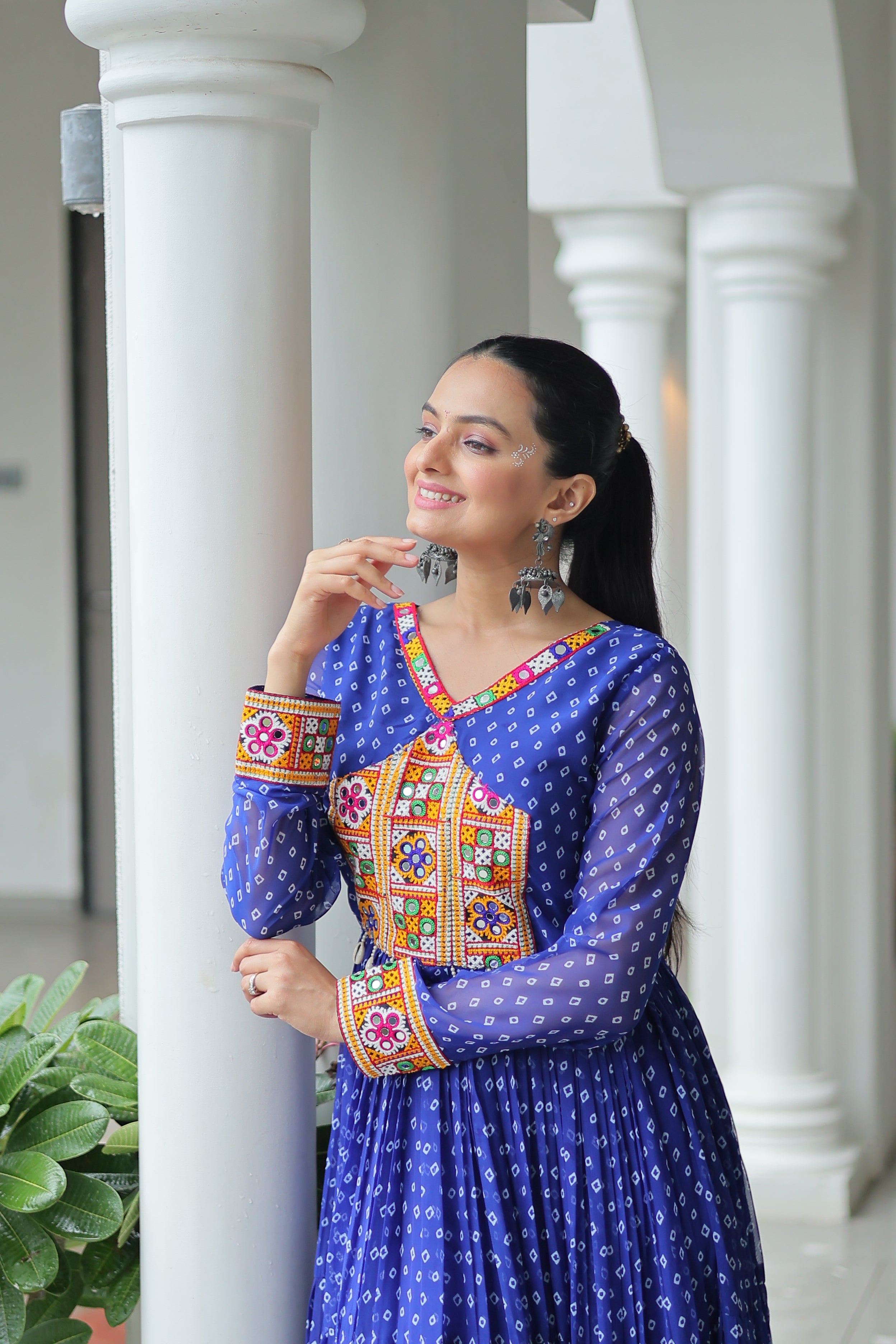 Blue Bandhani Print Navratri Gown with Kutchi Patchwork – Mayara Women Clothing