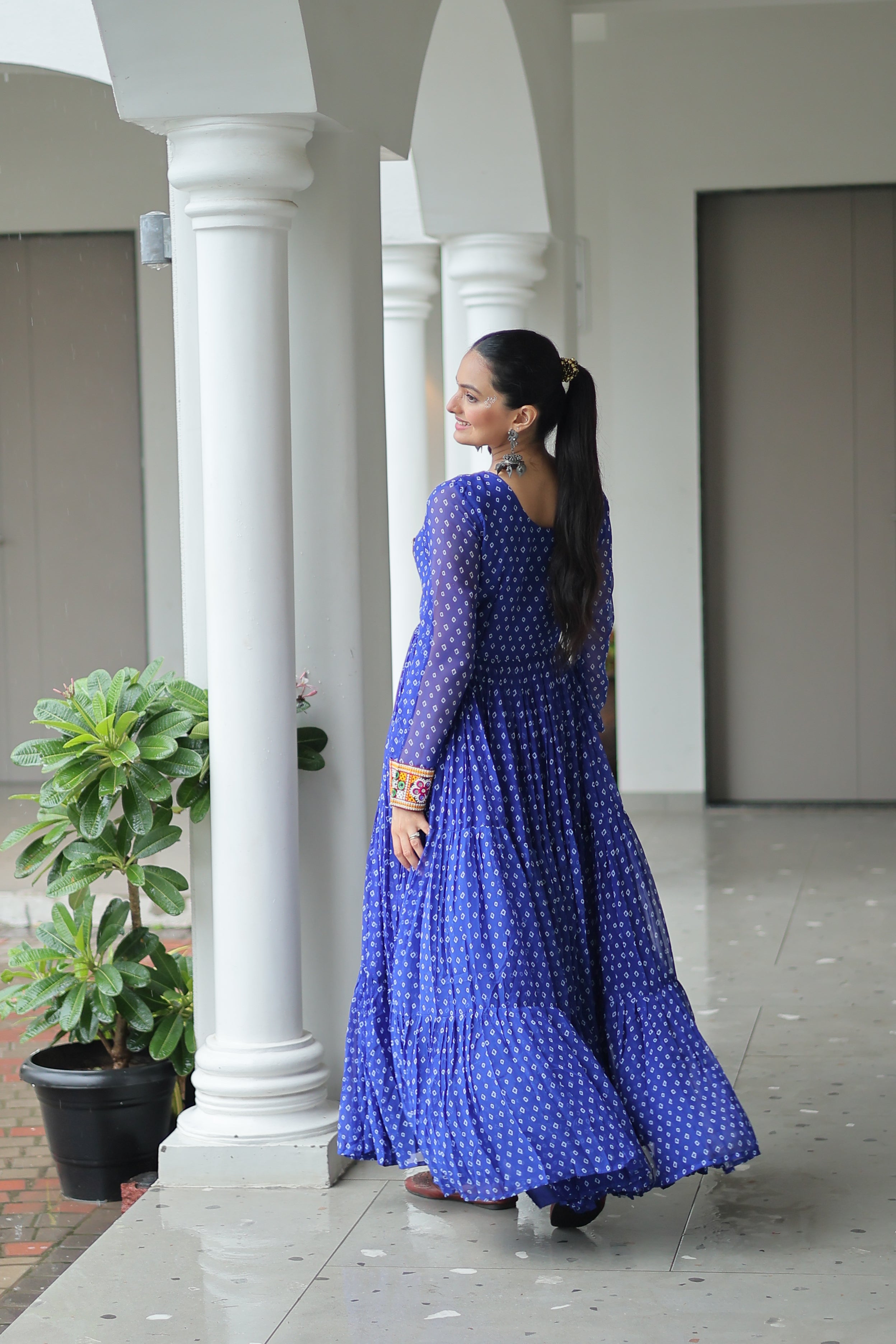 Blue Bandhani Print Navratri Gown with Kutchi Patchwork – Mayara Women Clothing