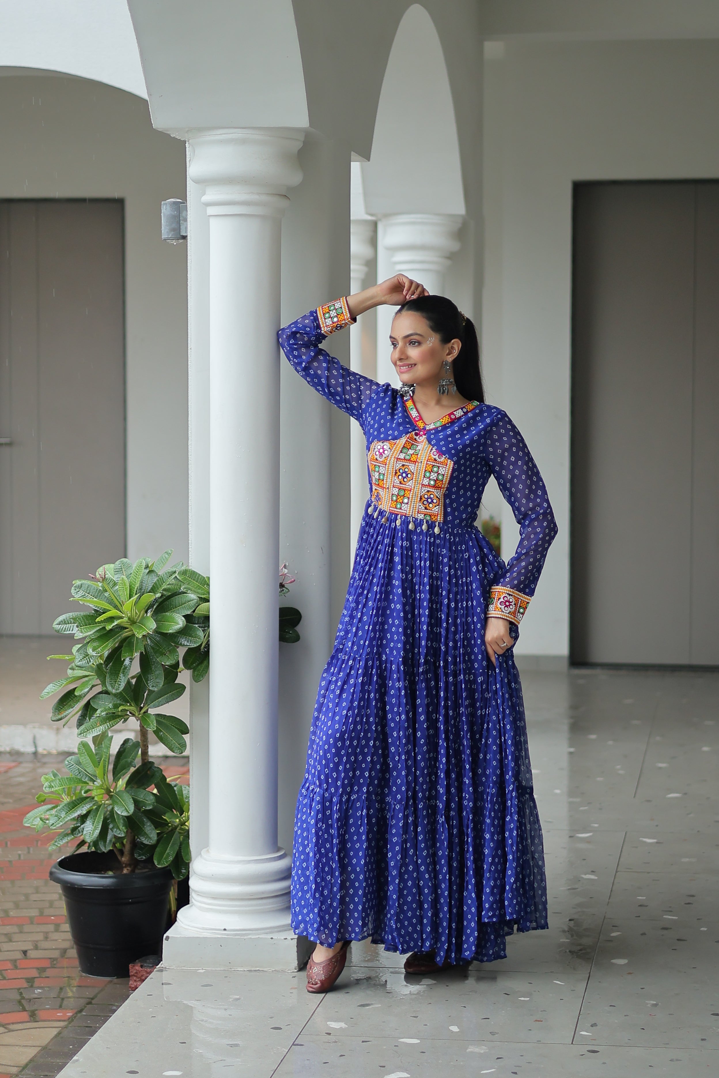 Blue Bandhani Print Navratri Gown with Kutchi Patchwork – Mayara Women Clothing