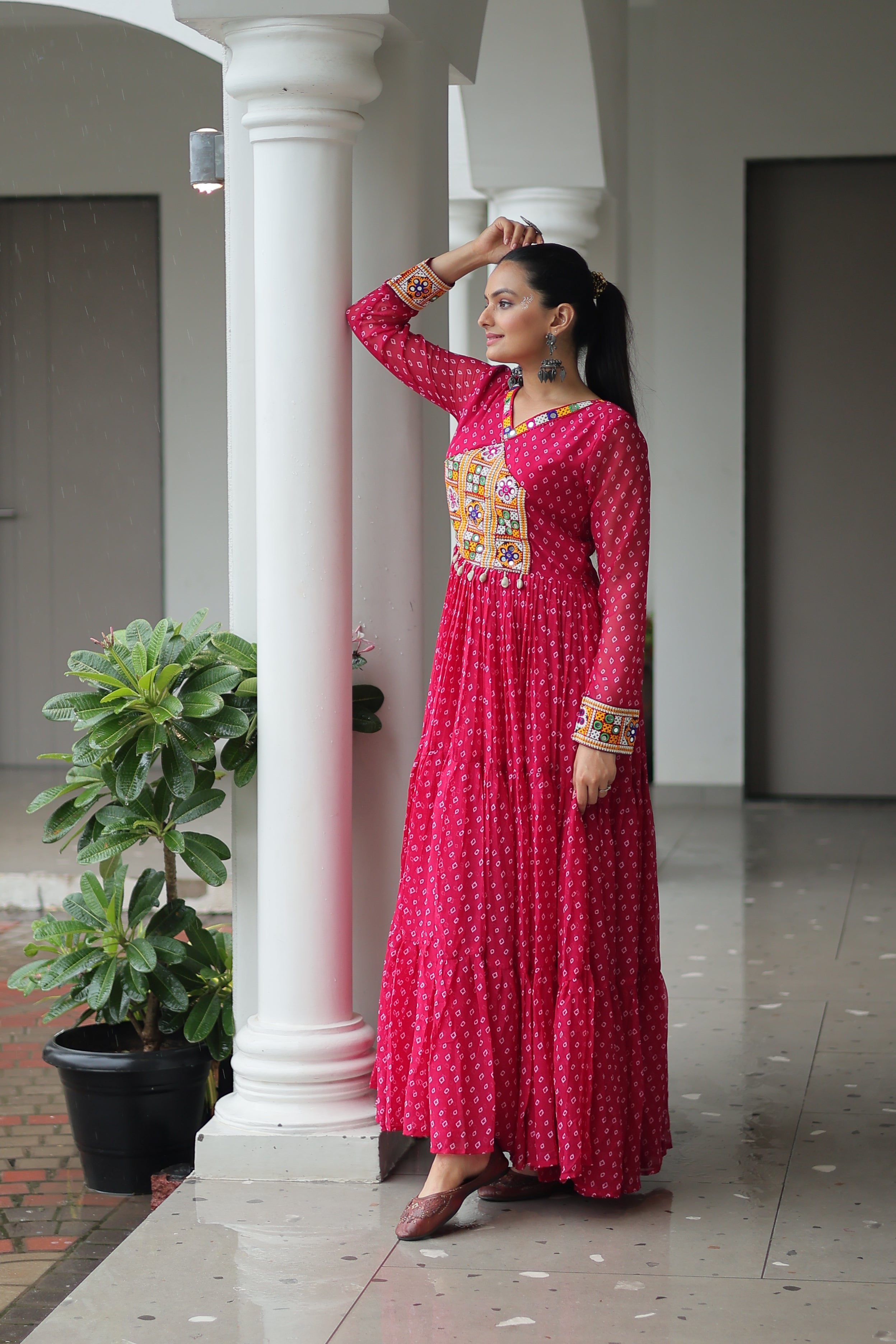 Blue Bandhani Print Navratri Gown with Kutchi Patchwork – Mayara Women Clothing