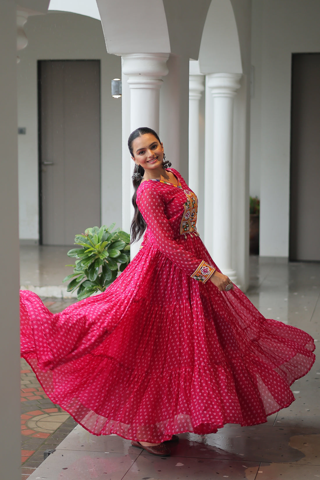 Blue Bandhani Print Navratri Gown with Kutchi Patchwork – Mayara Women Clothing