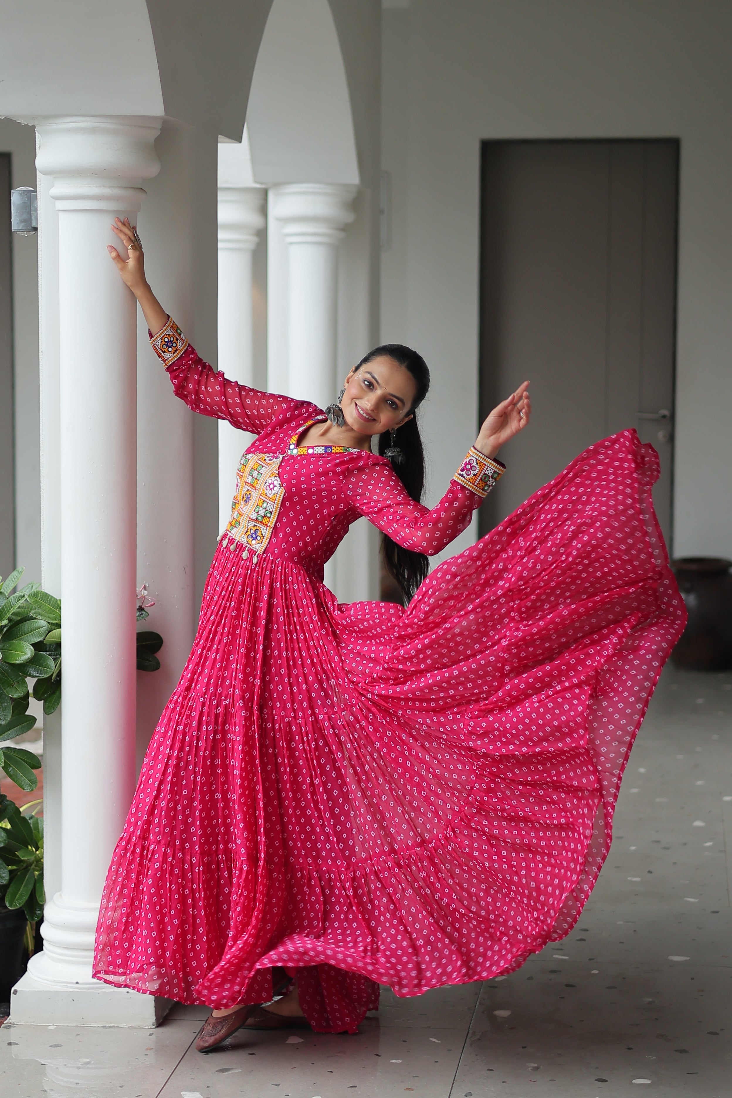 Blue Bandhani Print Navratri Gown with Kutchi Patchwork – Mayara Women Clothing