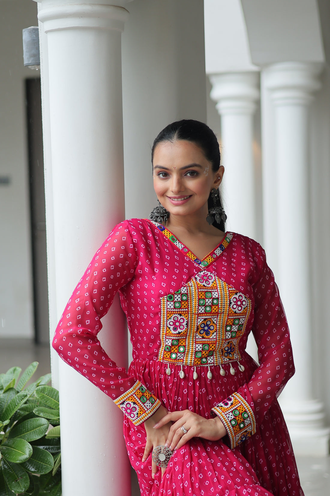 Blue Bandhani Print Navratri Gown with Kutchi Patchwork – Mayara Women Clothing