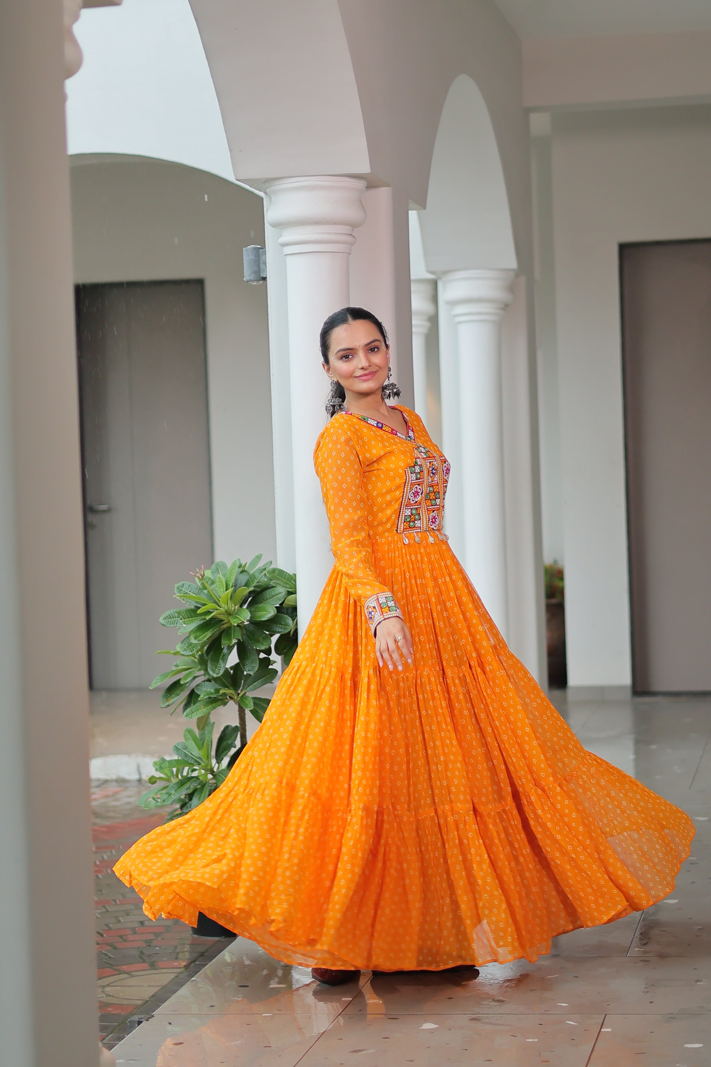 Blue Bandhani Print Navratri Gown with Kutchi Patchwork – Mayara Women Clothing