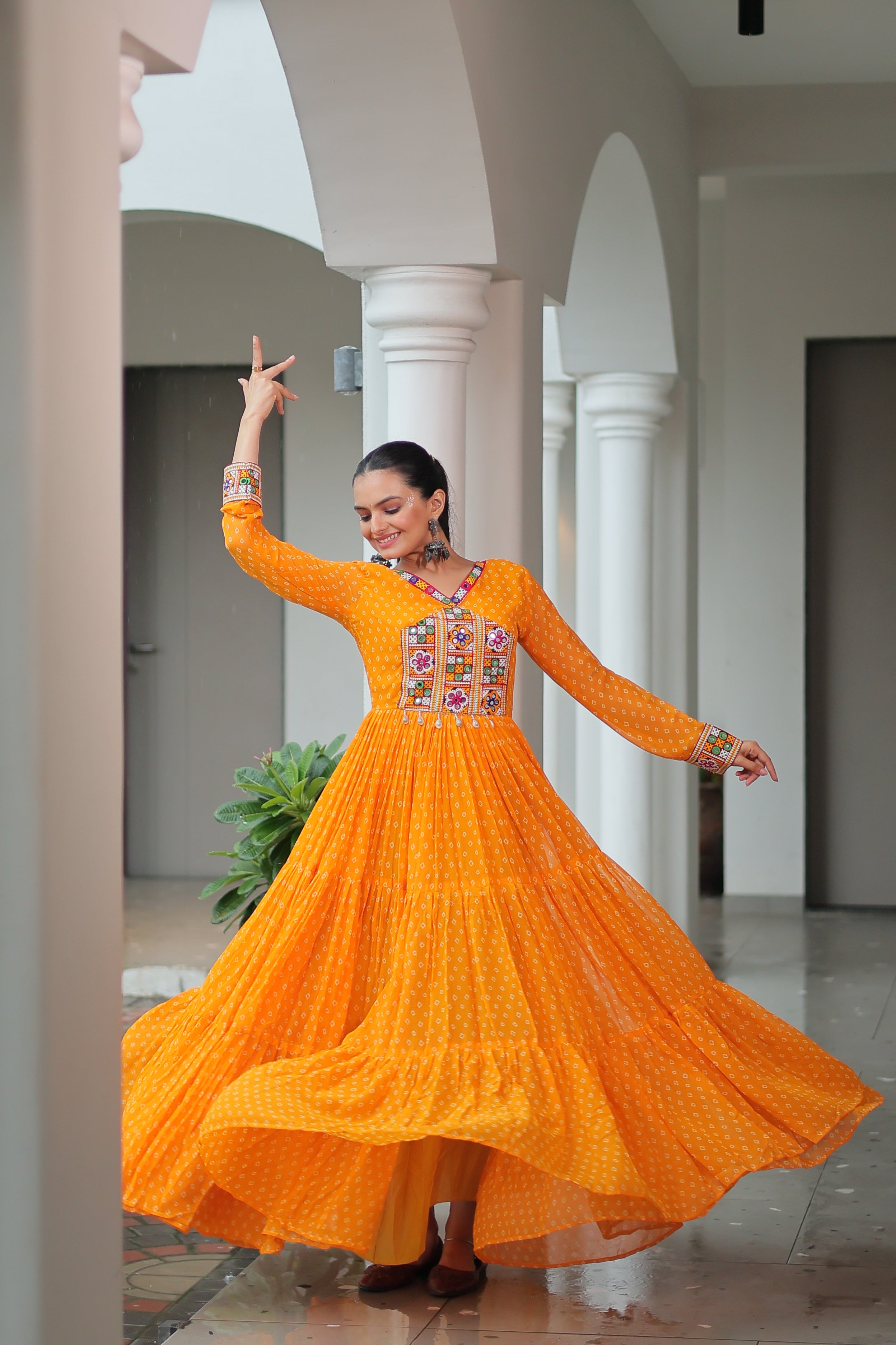 Blue Bandhani Print Navratri Gown with Kutchi Patchwork – Mayara Women Clothing