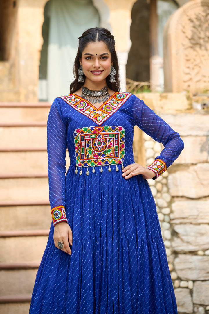 Navratri Gown – Laheriya Print with Kutchi Patchwork | Faux Georgette