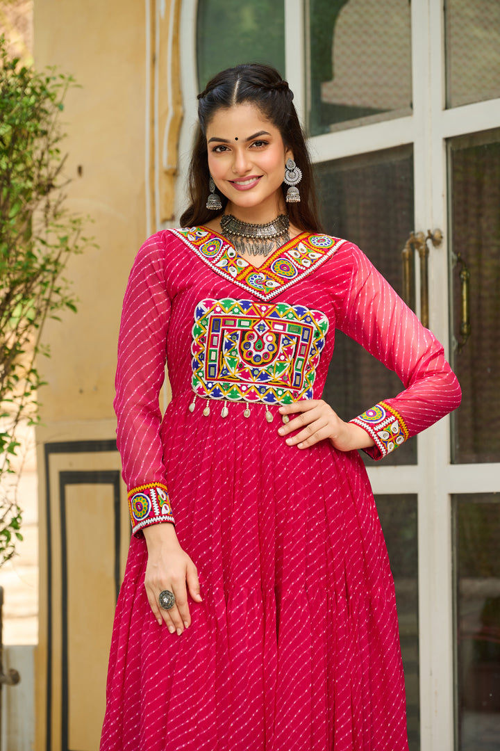 Navratri Gown Pink – Laheriya Print with Kutchi Patchwork | Faux Georgette