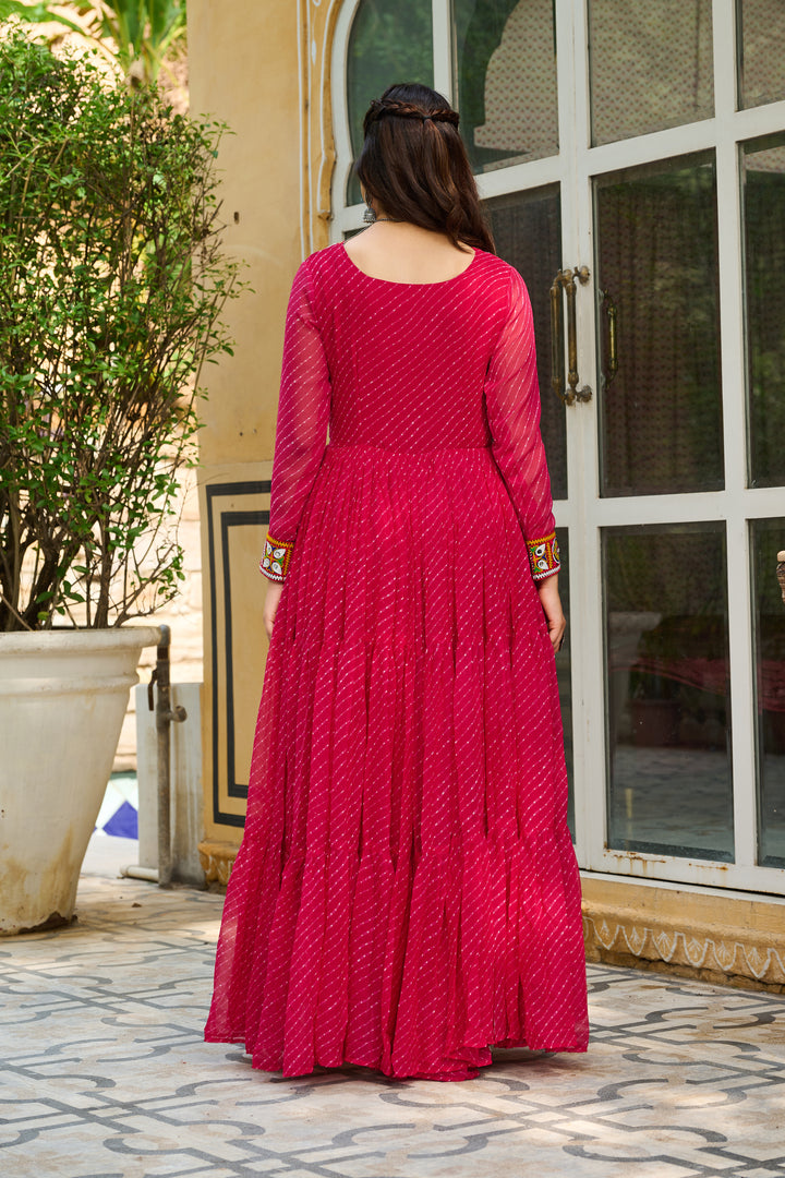 Navratri Gown Pink – Laheriya Print with Kutchi Patchwork | Faux Georgette