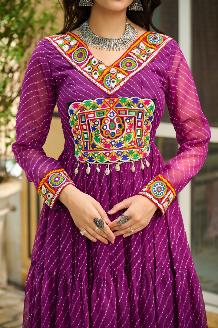 Navratri Gown Wine – Laheriya Print with Kutchi Patchwork | Faux Georgette