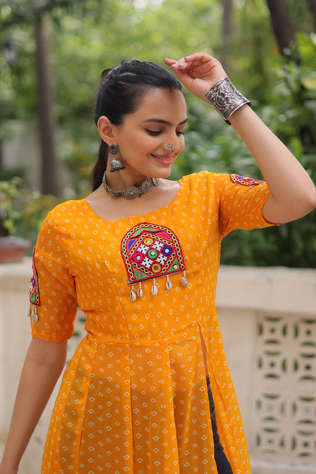 Bandhani Festive Long Kurti with Kutchi Patchwork for Navratri – Mayara Women Clothing