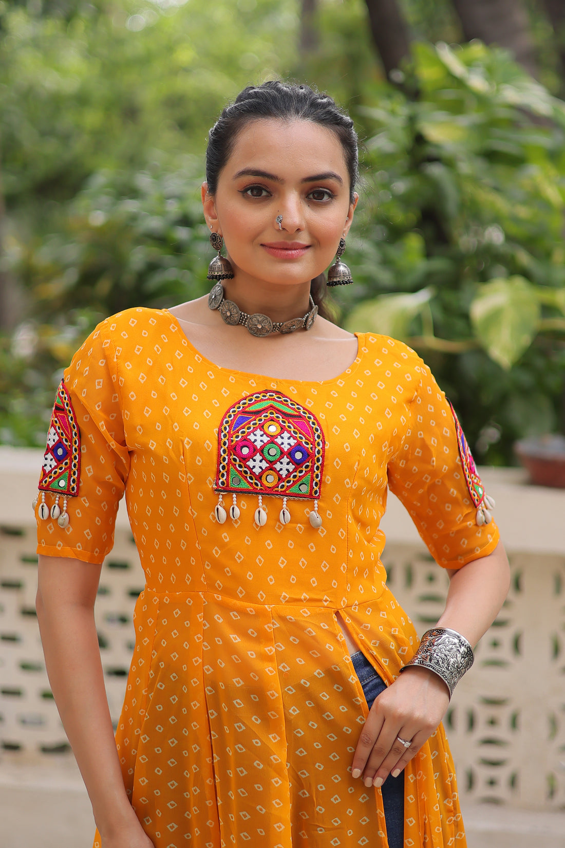 Bandhani Festive Long Kurti with Kutchi Patchwork for Navratri – Mayara Women Clothing