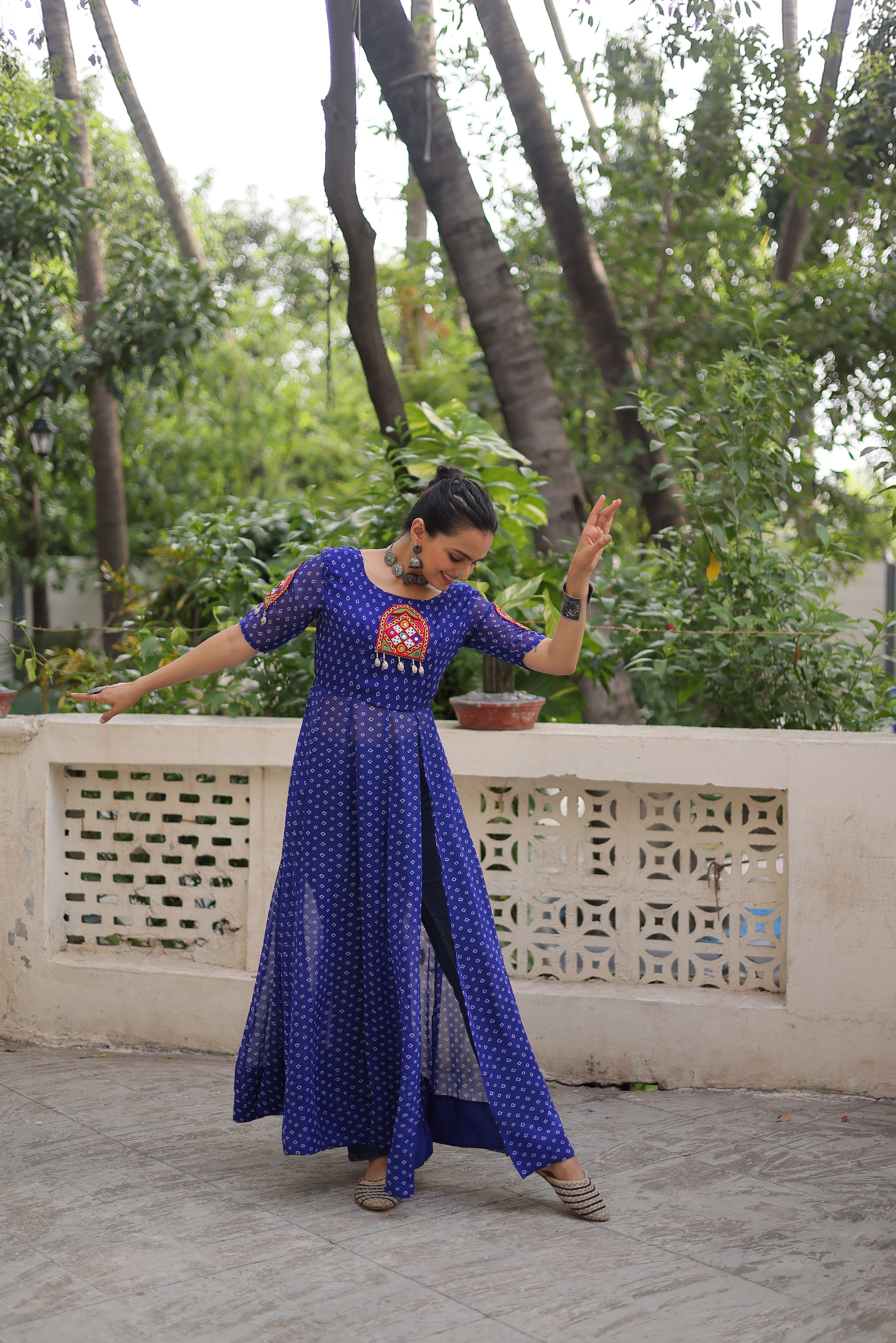 Bandhani Festive Long Kurti with Kutchi Patchwork for Navratri – Mayara Women Clothing