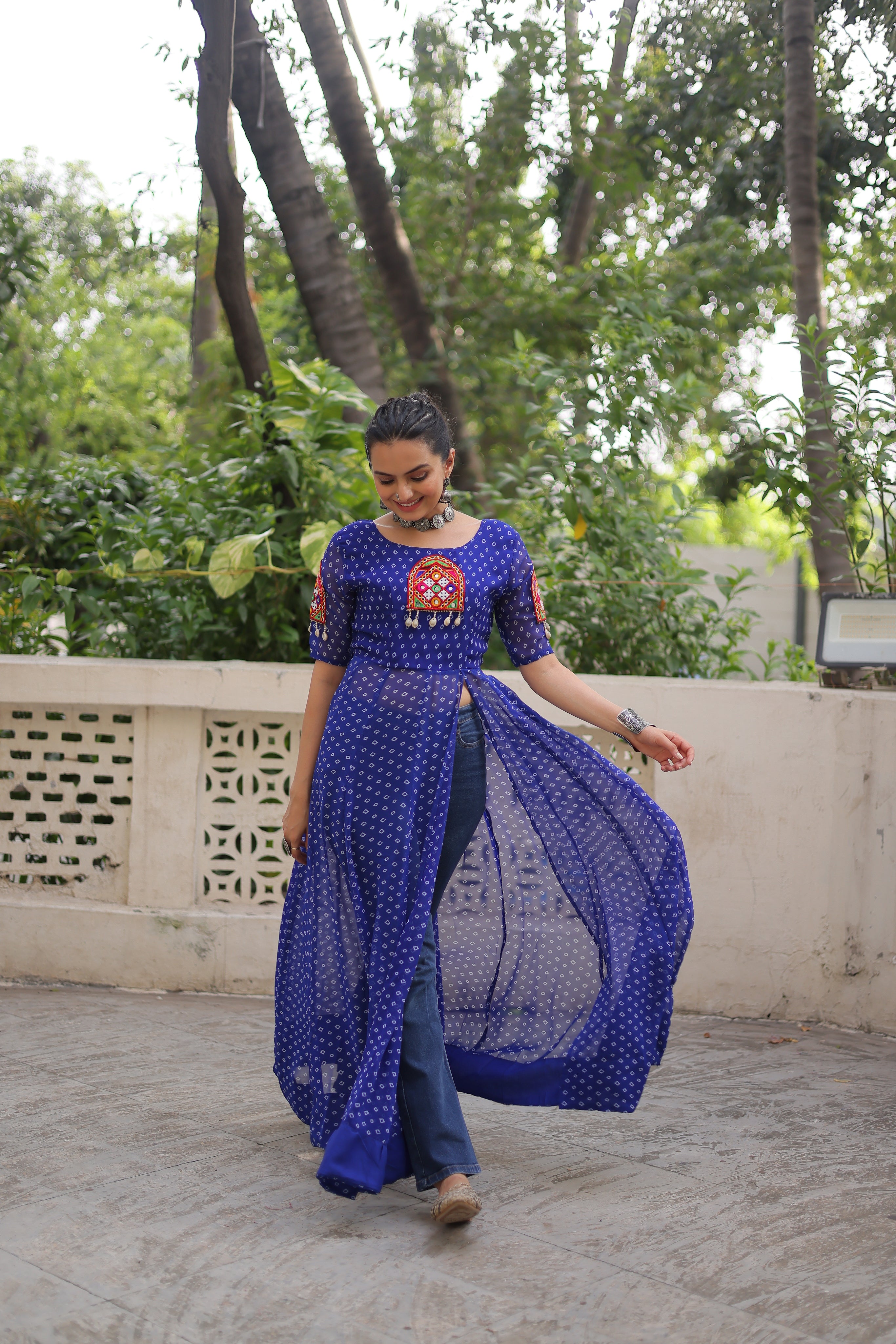 Bandhani Festive Long Kurti with Kutchi Patchwork for Navratri – Mayara Women Clothing