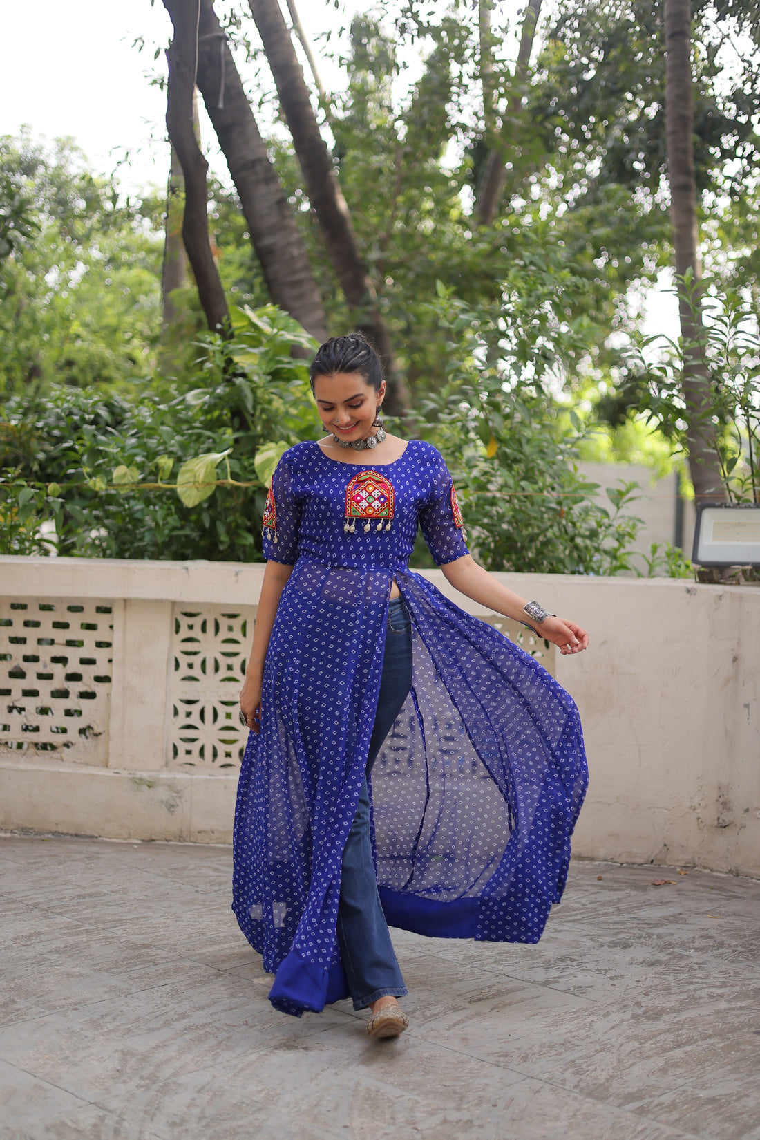 Bandhani Festive Long Kurti with Kutchi Patchwork for Navratri – Mayara Women Clothing