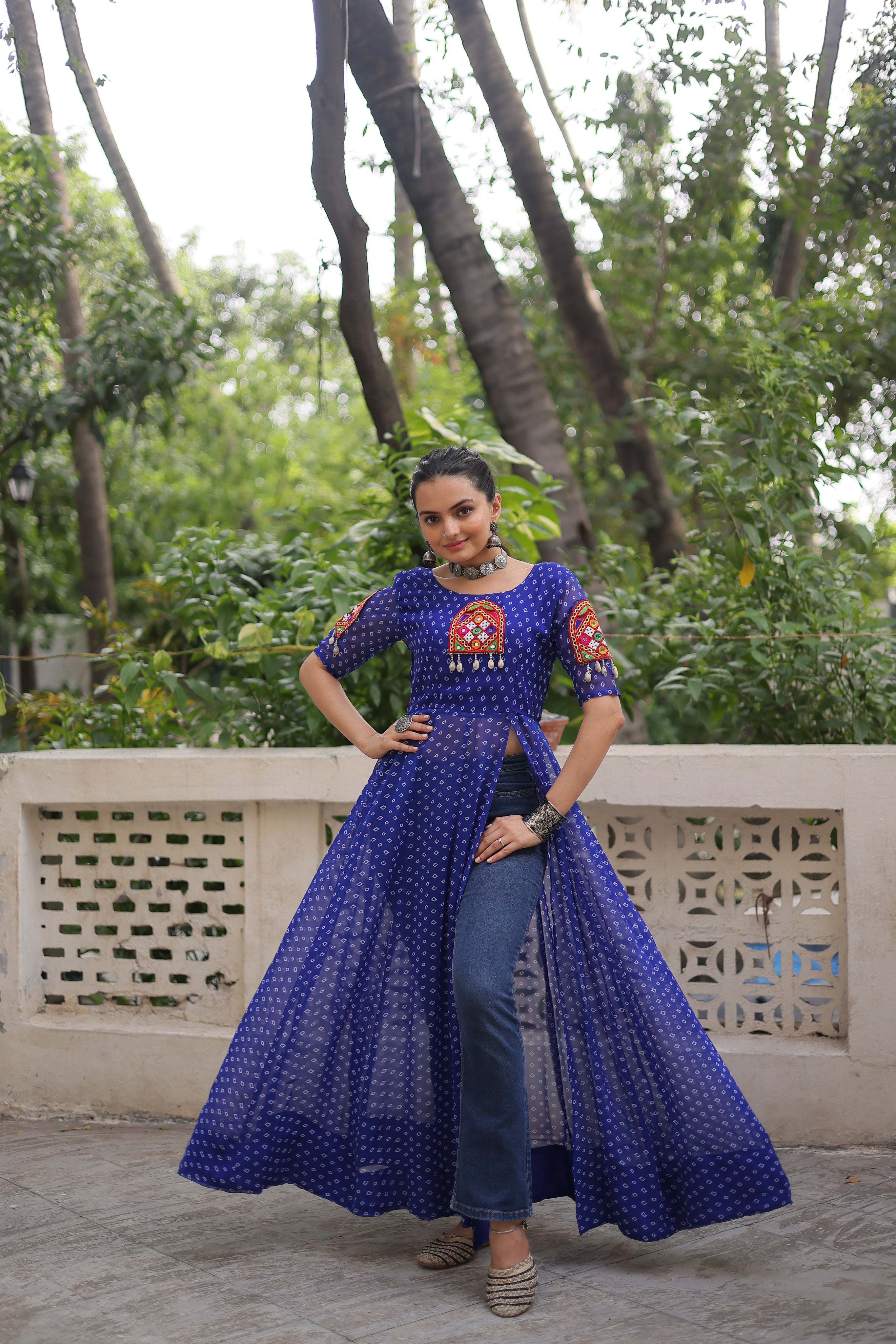 Bandhani Festive Long Kurti with Kutchi Patchwork for Navratri – Mayara Women Clothing