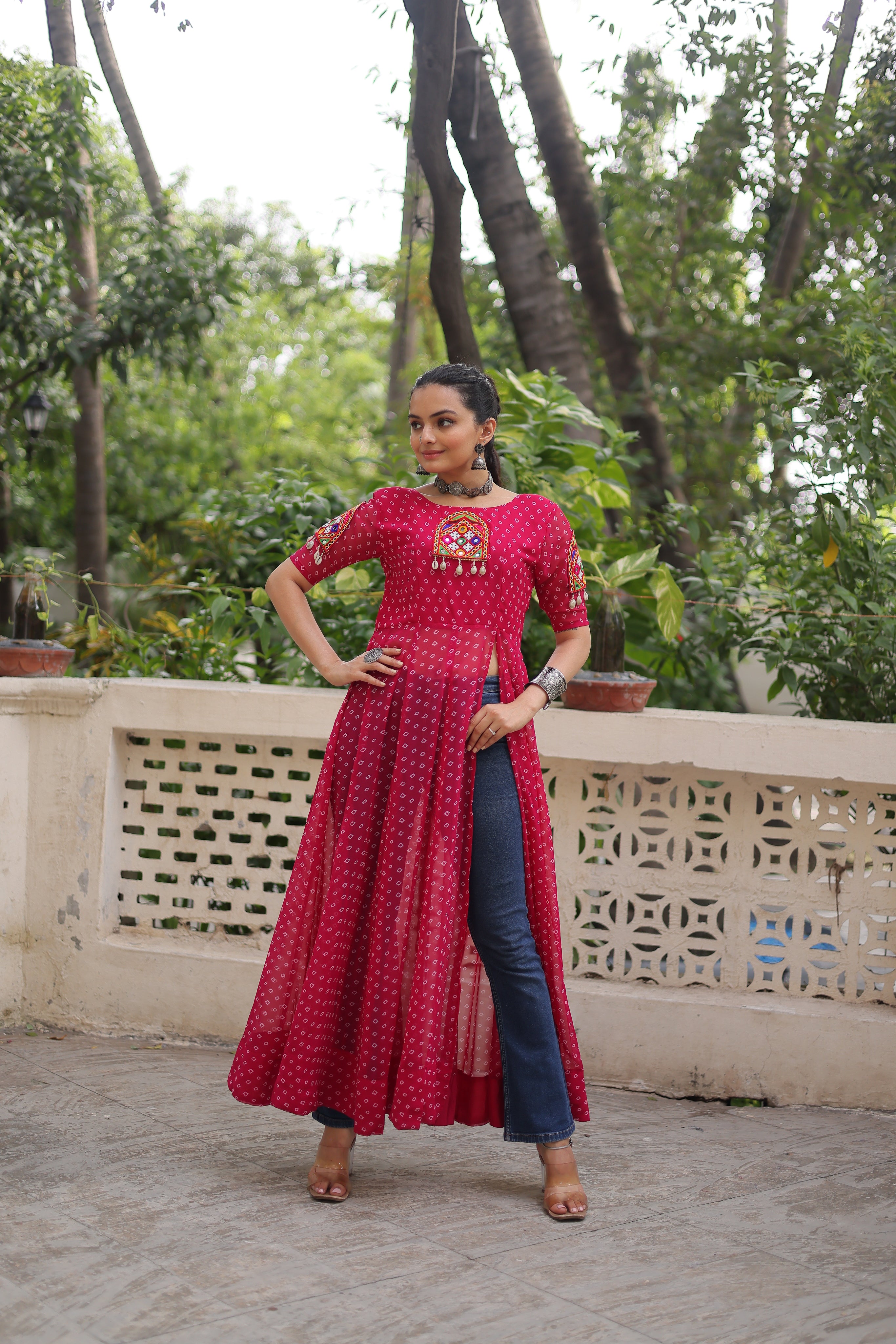 Bandhani Festive Long Kurti with Kutchi Patchwork for Navratri – Mayara Women Clothing