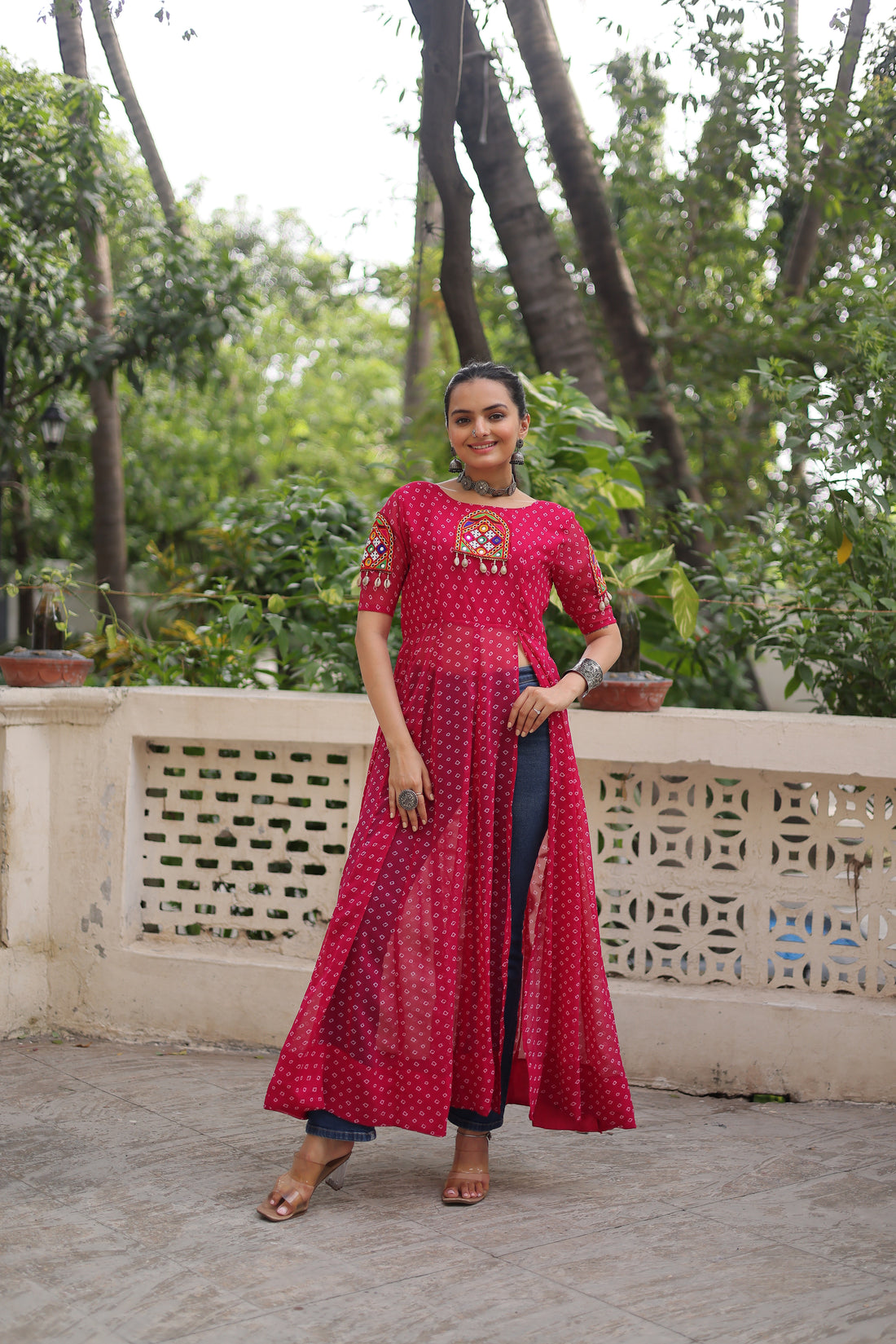 Bandhani Festive Long Kurti with Kutchi Patchwork for Navratri – Mayara Women Clothing