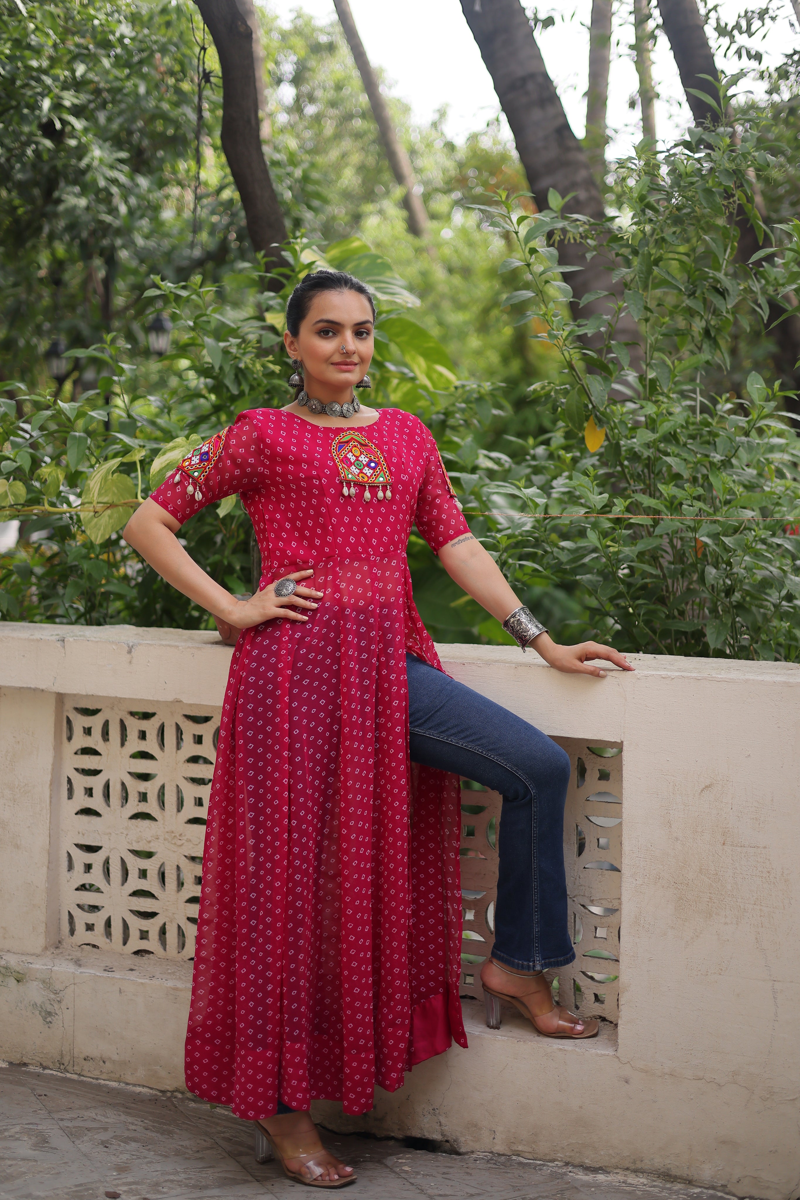 Bandhani Festive Long Kurti with Kutchi Patchwork for Navratri – Mayara Women Clothing