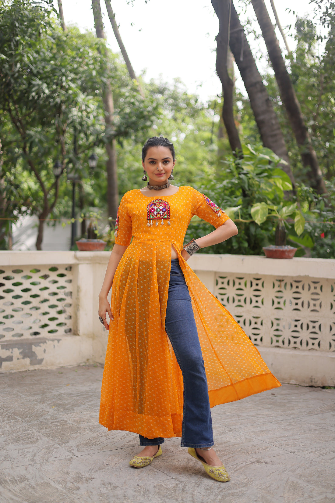 Bandhani Festive Long Kurti with Kutchi Patchwork for Navratri – Mayara Women Clothing