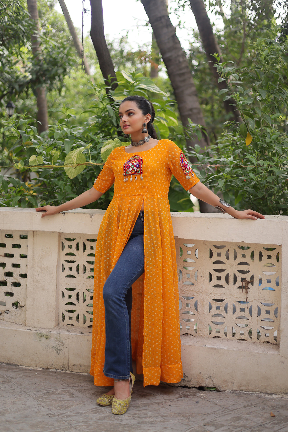 Bandhani Festive Long Kurti with Kutchi Patchwork for Navratri – Mayara Women Clothing