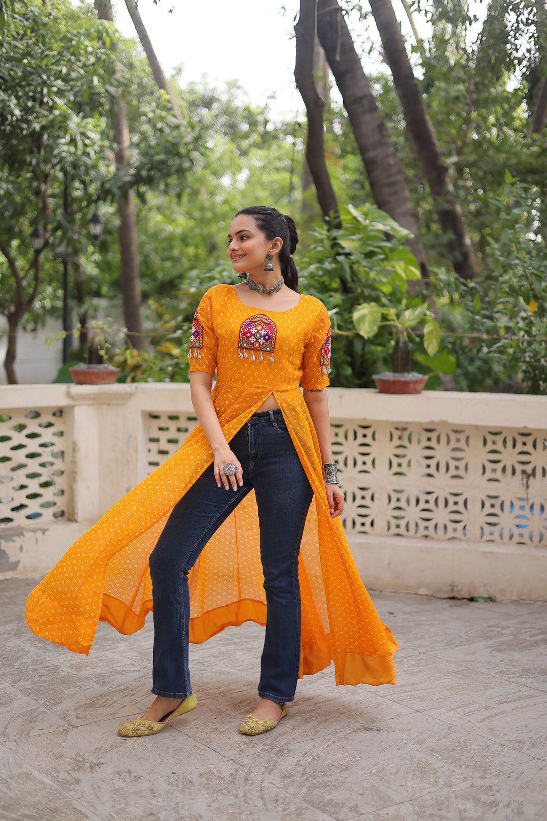 Bandhani Festive Long Kurti with Kutchi Patchwork for Navratri – Mayara Women Clothing