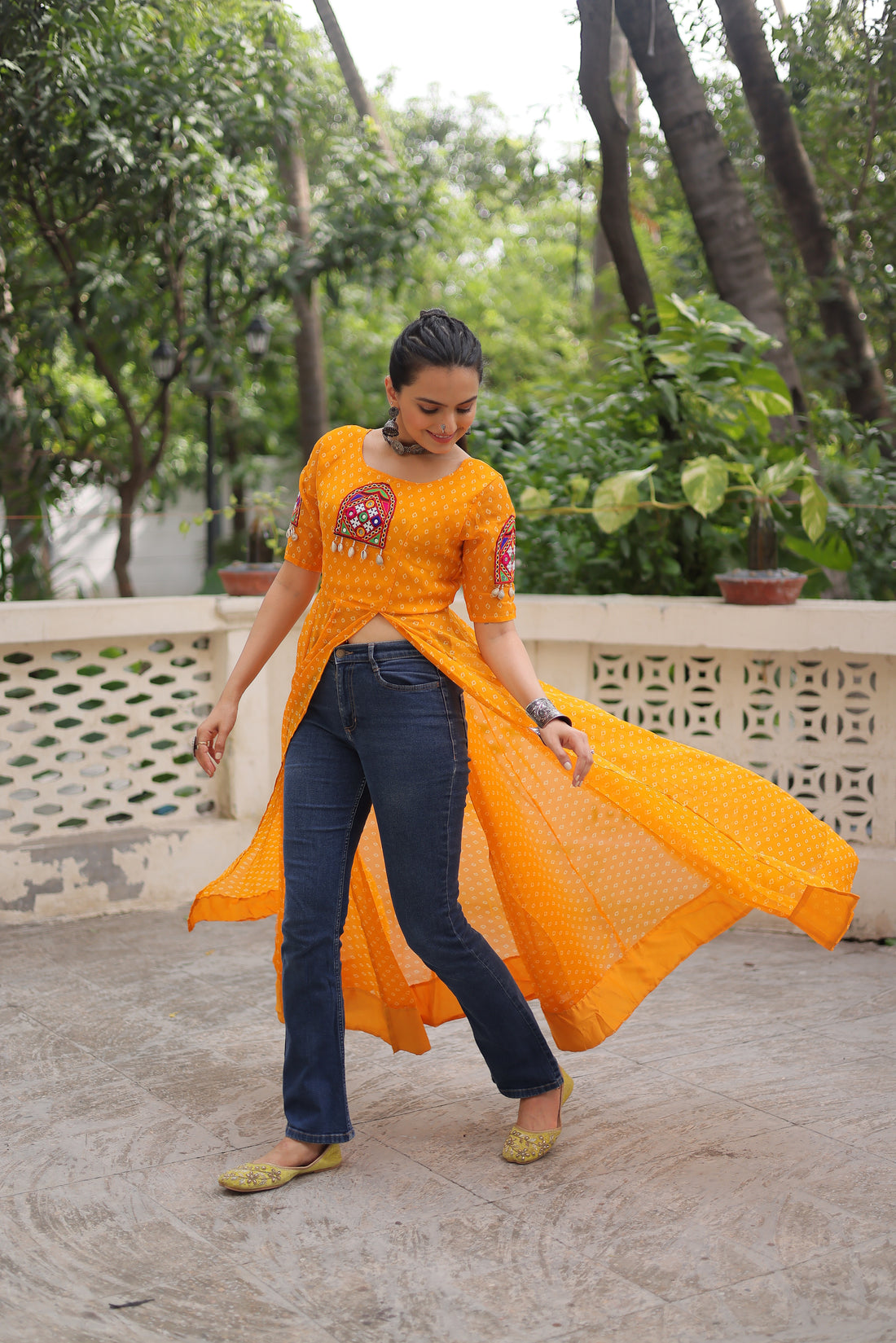 Bandhani Festive Long Kurti with Kutchi Patchwork for Navratri – Mayara Women Clothing